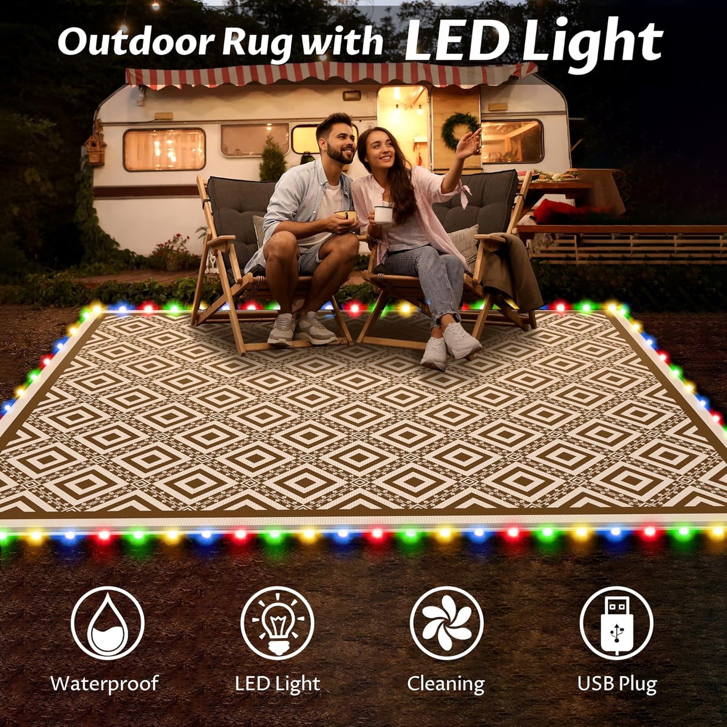 RV Outdoor Rug with Lights 8x10ft, Outdoor Camping Rug, Waterproof, Easy Cleaning, Non Shedding, Foldable and Portable, Reversible Mats for RV, Deck, Beach, Camping, Patio, Picnic (Brown & White)