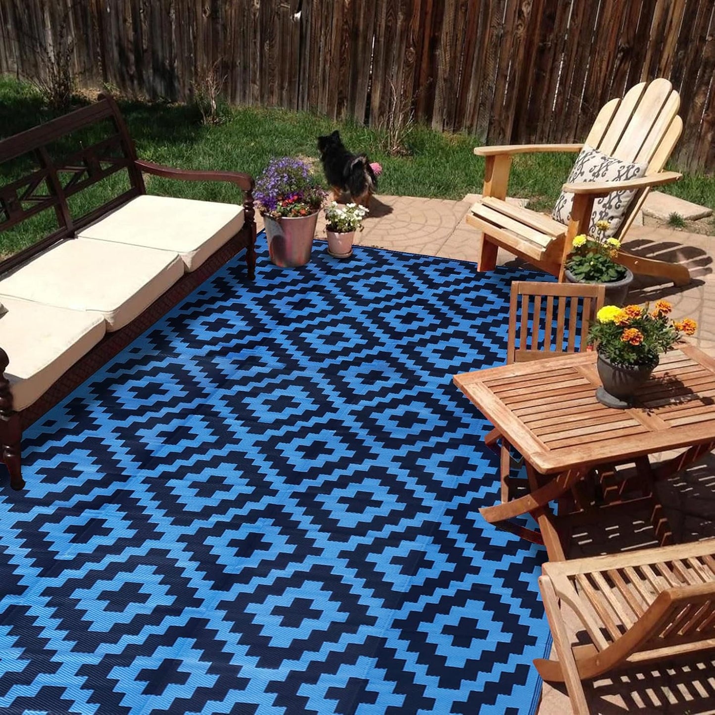 SAND MINE Reversible Mats with Led Strip Lights, Plastic Straw Rug, Modern Area Rug, Large Floor Mat for Outdoors, Patio, Backyard, Deck, Picnic, Camping, Black & Beige, 8' x 10'