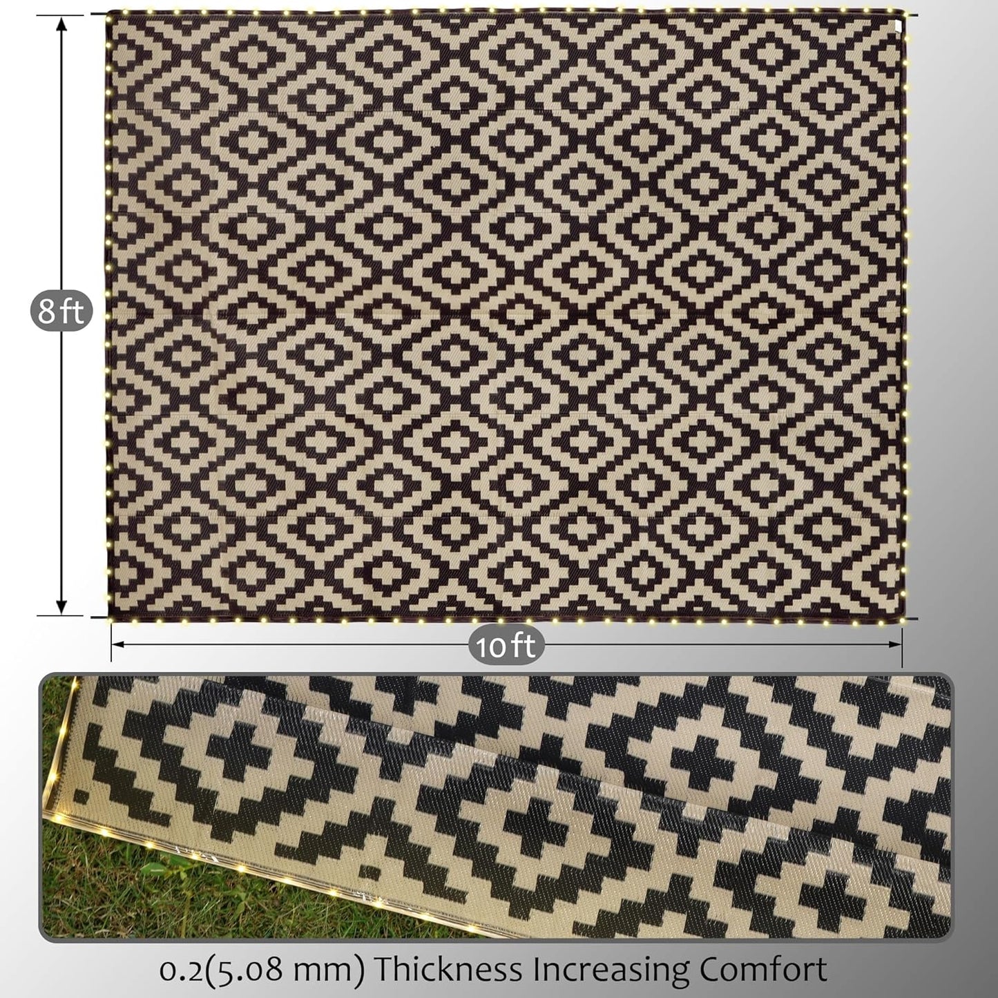 SAND MINE Reversible Mats with Led Strip Lights, Plastic Straw Rug, Modern Area Rug, Large Floor Mat for Outdoors, Patio, Backyard, Deck, Picnic, Camping, Black & Beige, 8' x 10'