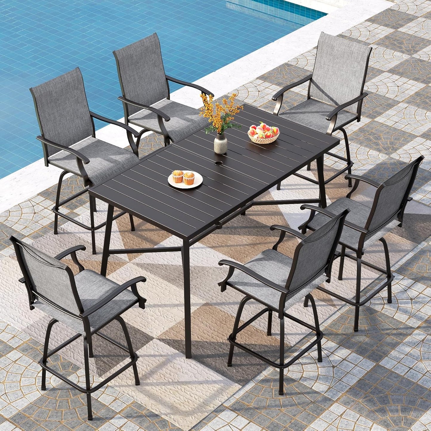PHI VILLA Outdoor Patio Bar Dining Table for 6, 40" High Top Rectangle Metal Steel Table with 1.97" Umbrella Hole for Garden, Yard and Deck, Black