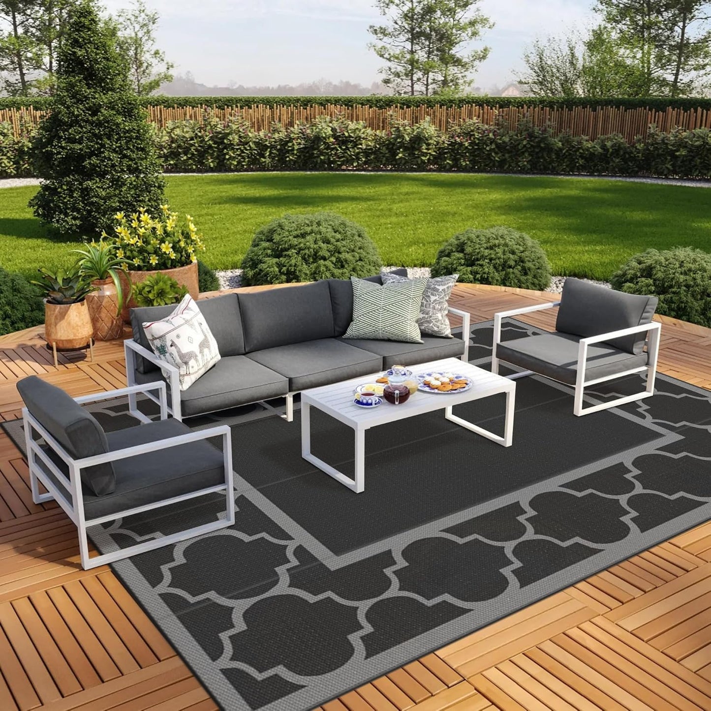 GENIMO 6' x 9' Outdoor Rug Waterproof for Patio Decor, Foldable Reversible Plastic Straw Area Rugs Mat with String Light, Led Carpet for Camper, Rv, Deck, Porch, Picnic, Beach, Balcony, Blue & White