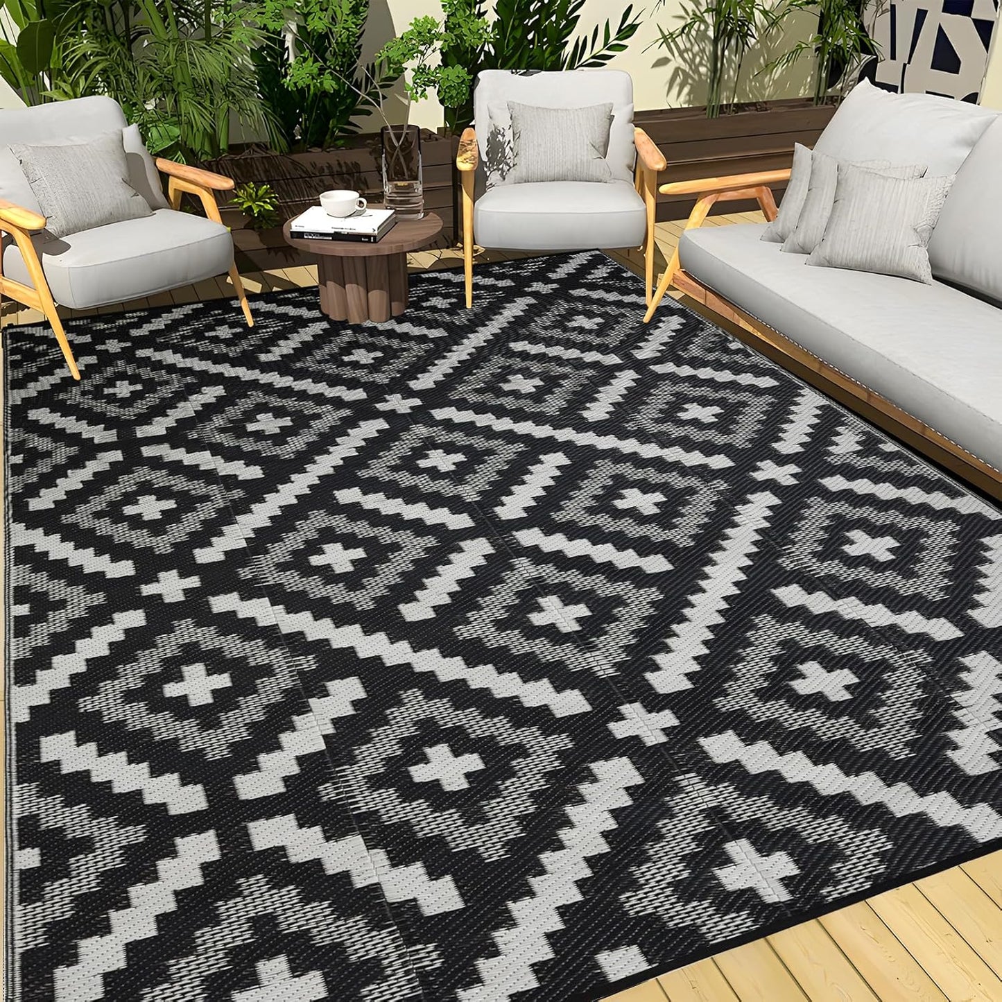 Outdoor Rug 8x10 ft with LED Light, Waterproof Reversible Outdoor Plastic Straw Rug for Patios Clearance, Large Outdoor Area Rug Carpet RV Mat for Camping Backyard Deck Porch Beach