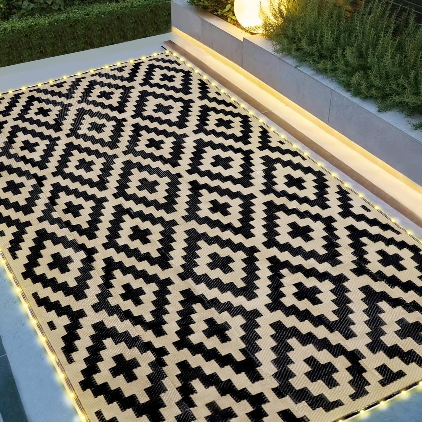 SAND MINE Reversible Mats with Led Strip Lights, Plastic Straw Rug, Modern Area Rug, Large Floor Mat for Outdoors, Patio, Backyard, Deck, Picnic, Camping, Black & Beige, 8' x 10'