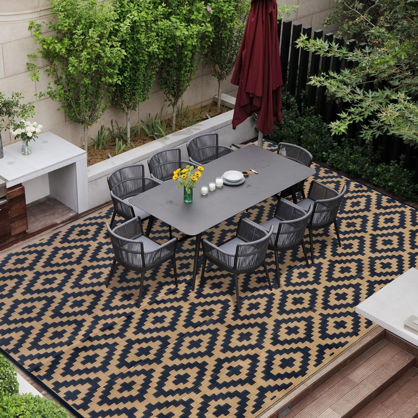 SAND MINE Reversible Mats with Led Strip Lights, Plastic Straw Rug, Modern Area Rug, Large Floor Mat for Outdoors, Patio, Backyard, Deck, Picnic, Camping, Black & Beige, 8' x 10'