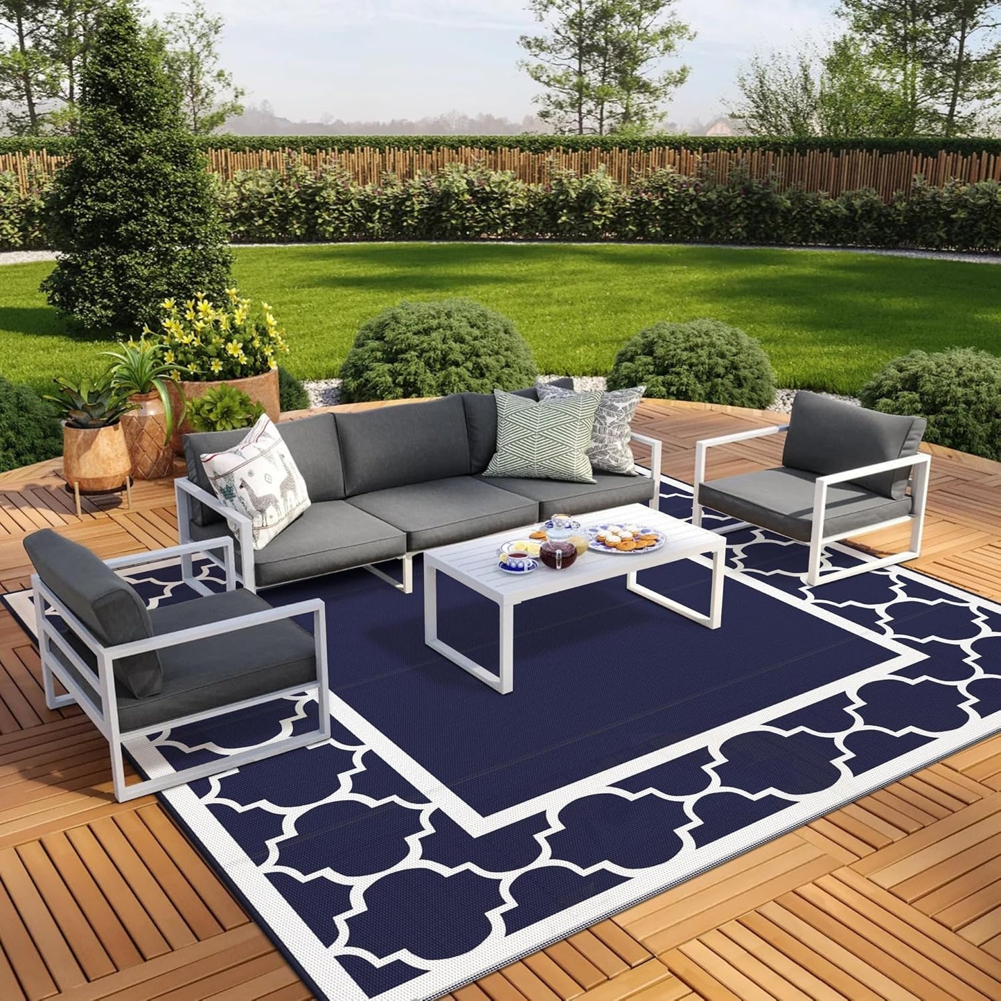 GENIMO 6' x 9' Outdoor Rug Waterproof for Patio Decor, Foldable Reversible Plastic Straw Area Rugs Mat with String Light, Led Carpet for Camper, Rv, Deck, Porch, Picnic, Beach, Balcony, Blue & White