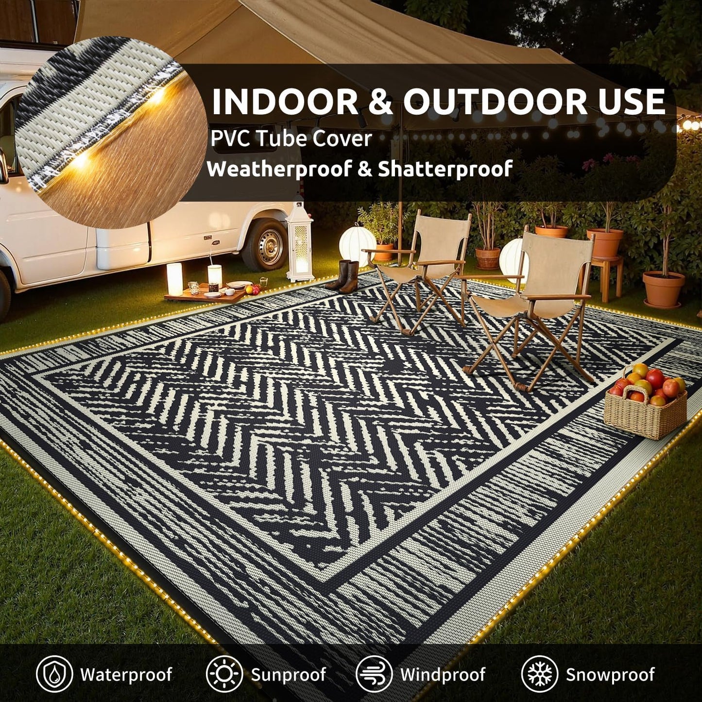 COCOER Outdoor Rug-8x10 Waterproof Patio Rug with LED Strip Lights-Reversible Outdoor Carpet Plastic Straw Outside Rug for RV Porch Balcony