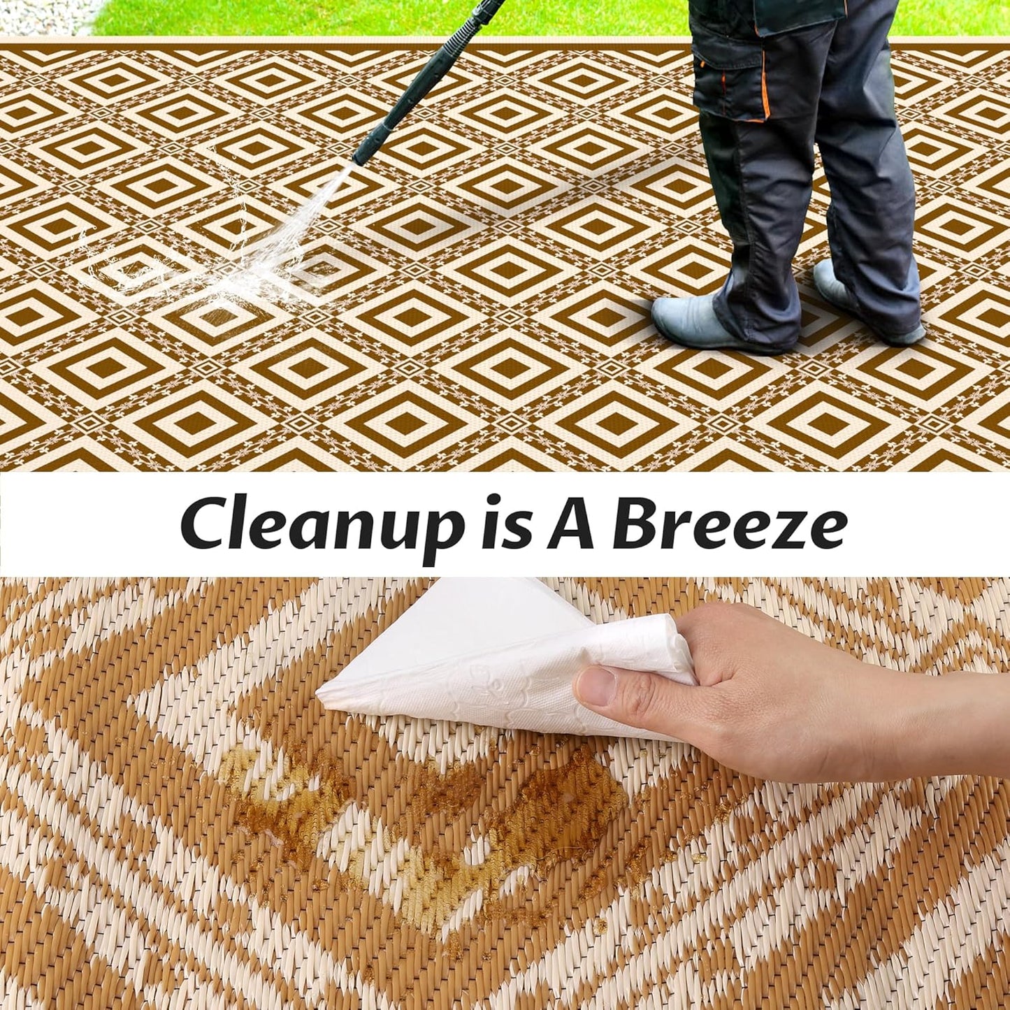 RV Outdoor Rug with Lights 8x10ft, Outdoor Camping Rug, Waterproof, Easy Cleaning, Non Shedding, Foldable and Portable, Reversible Mats for RV, Deck, Beach, Camping, Patio, Picnic (Brown & White)