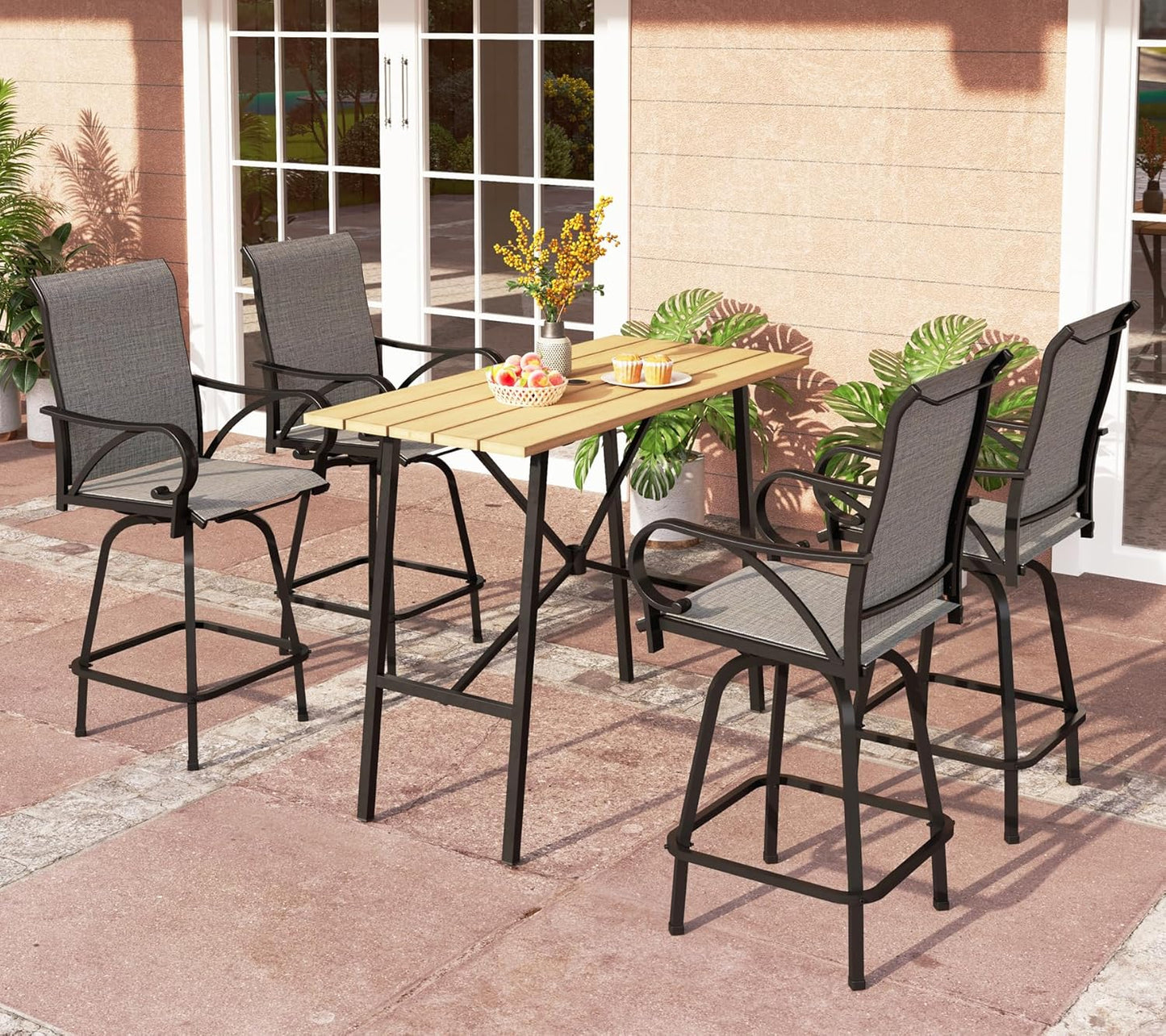 PHI VILLA Outdoor Patio Bar Dining Table for 6, 40" High Top Rectangle Metal Steel Table with 1.97" Umbrella Hole for Garden, Yard and Deck, Black