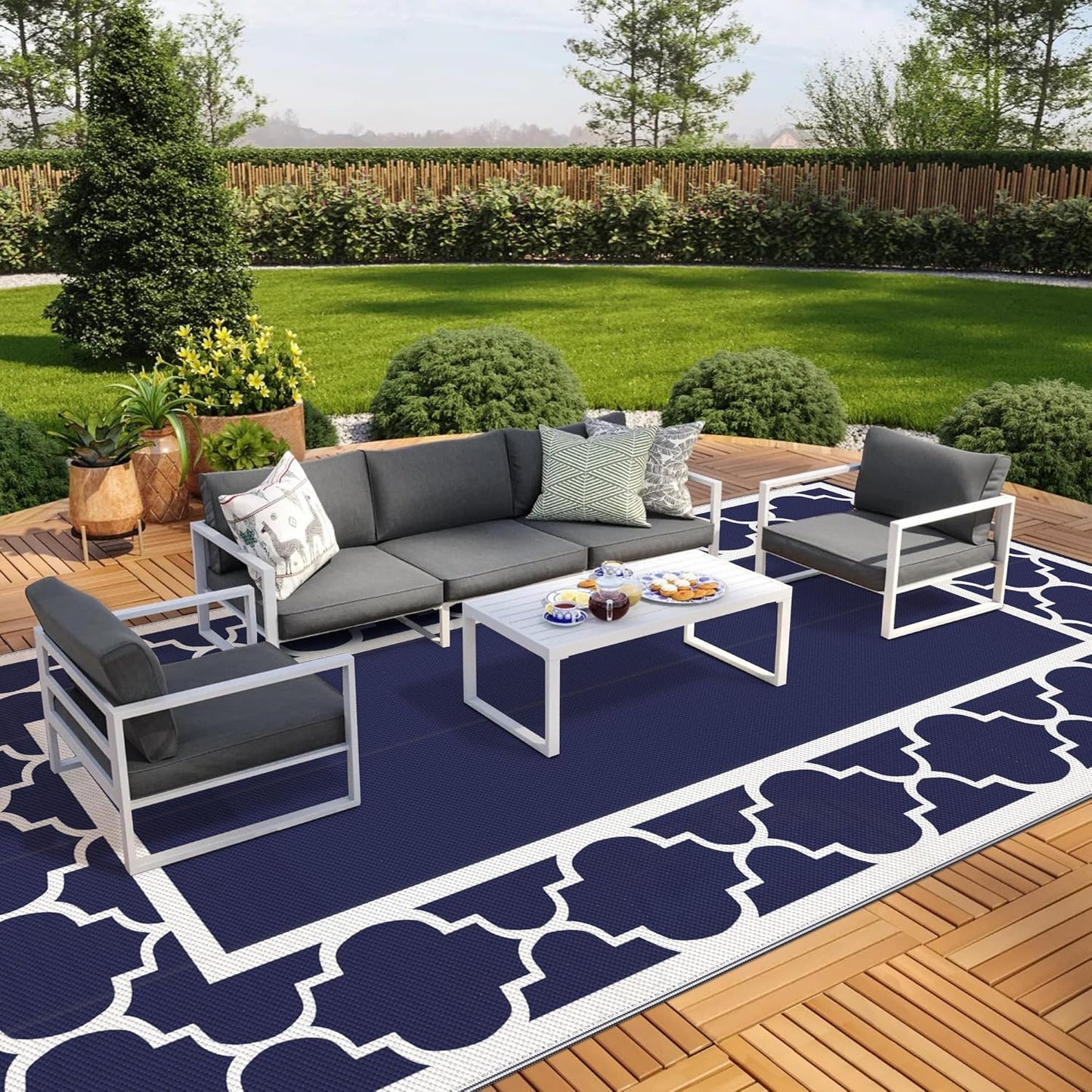 GENIMO 6' x 9' Outdoor Rug Waterproof for Patio Decor, Foldable Reversible Plastic Straw Area Rugs Mat with String Light, Led Carpet for Camper, Rv, Deck, Porch, Picnic, Beach, Balcony, Blue & White