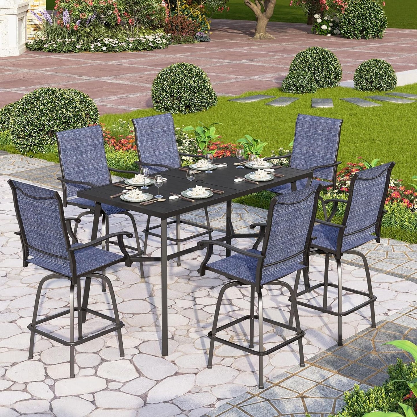 PHI VILLA Outdoor Patio Bar Dining Table for 6, 40" High Top Rectangle Metal Steel Table with 1.97" Umbrella Hole for Garden, Yard and Deck, Black