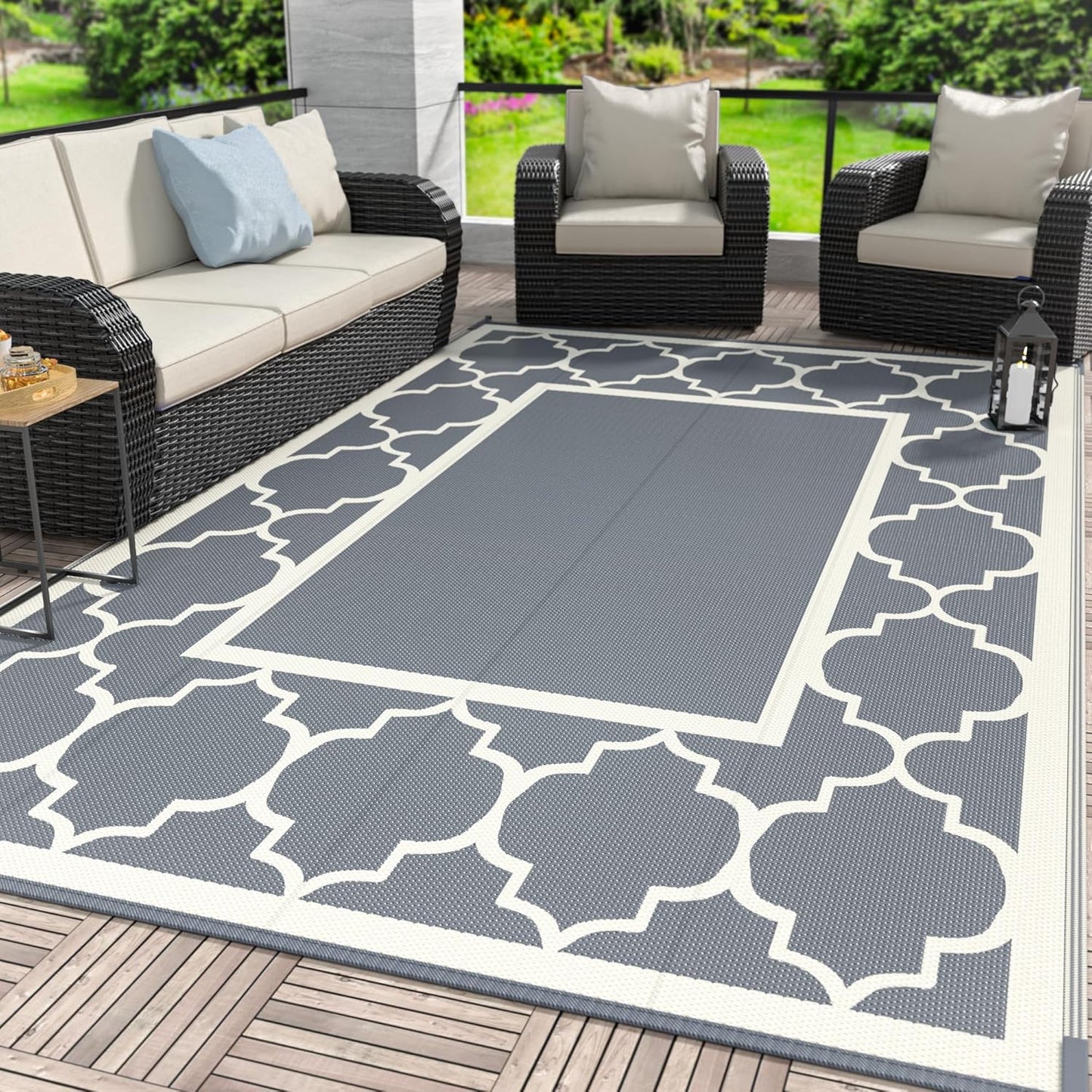 GENIMO 6' x 9' Outdoor Rug Waterproof for Patio Decor, Foldable Reversible Plastic Straw Area Rugs Mat with String Light, Led Carpet for Camper, Rv, Deck, Porch, Picnic, Beach, Balcony, Blue & White