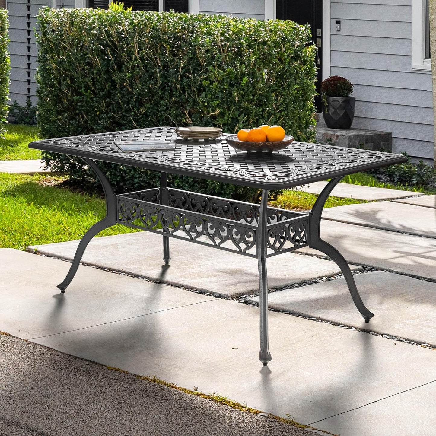 NUU GARDEN 60" Outdoor Dining Table with 2.09" Umbrella Hole, All Weather Cast Aluminum Outdoor Patio Table, 6-8 Person Rectangle Dining Table, Backyard Bistro Table for Garden, Poolside, Black