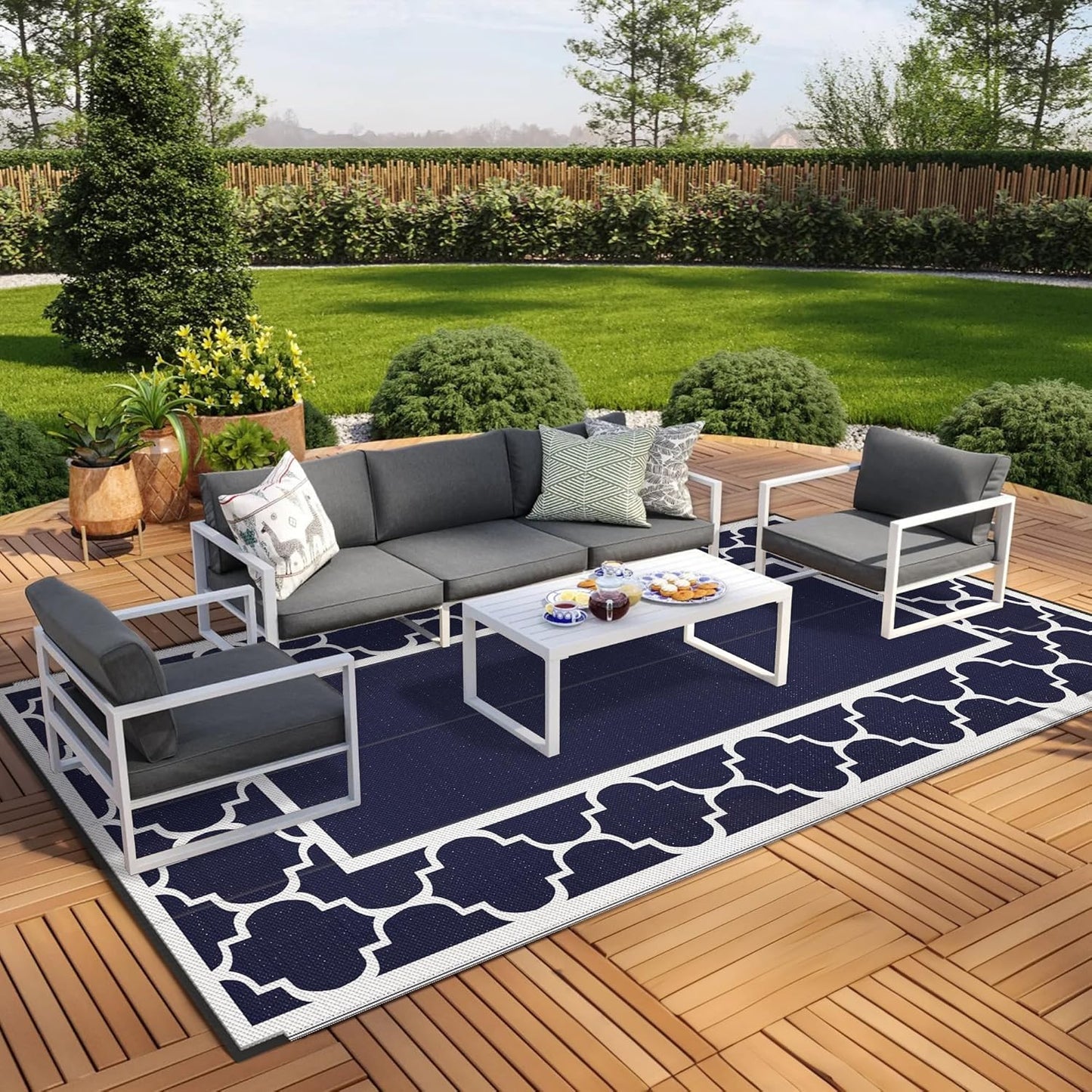 GENIMO 6' x 9' Outdoor Rug Waterproof for Patio Decor, Foldable Reversible Plastic Straw Area Rugs Mat with String Light, Led Carpet for Camper, Rv, Deck, Porch, Picnic, Beach, Balcony, Blue & White