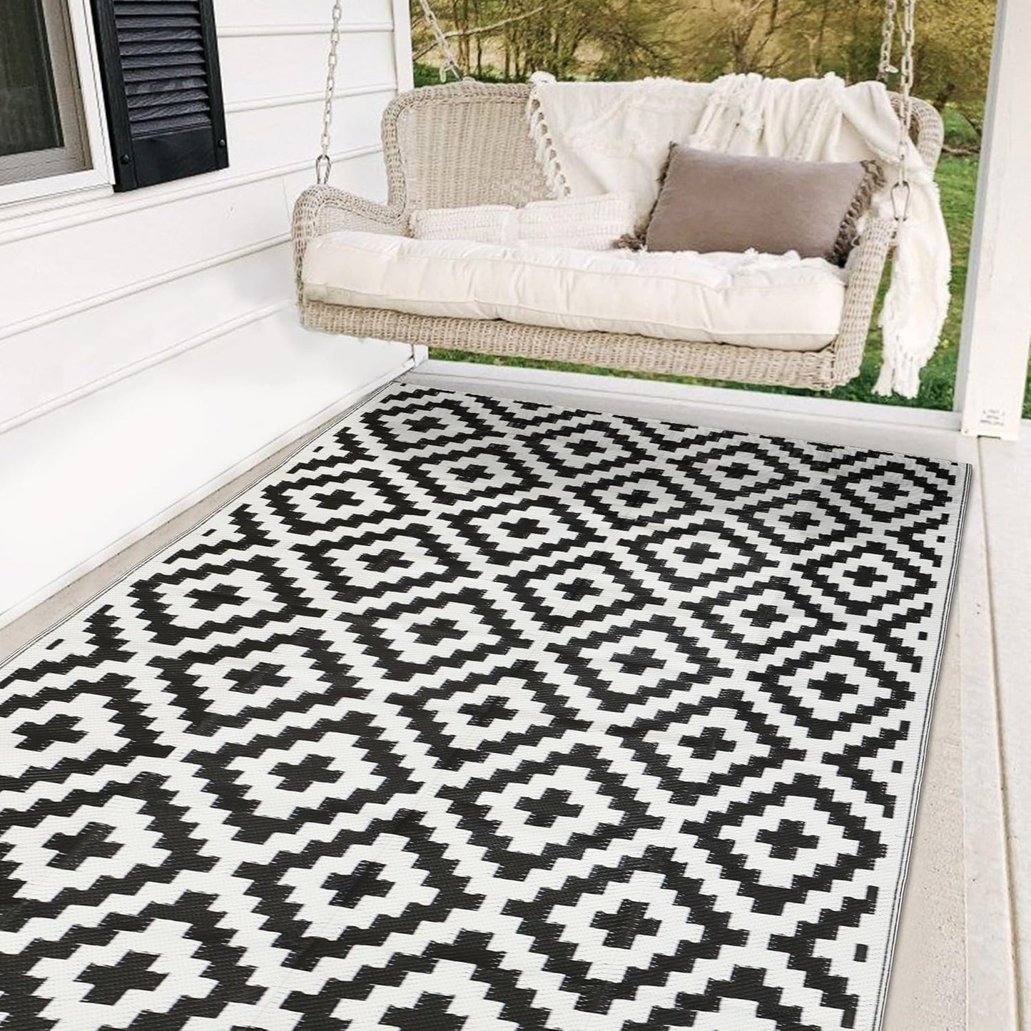 SAND MINE Reversible Mats with Led Strip Lights, Plastic Straw Rug, Modern Area Rug, Large Floor Mat for Outdoors, Patio, Backyard, Deck, Picnic, Camping, Black & Beige, 8' x 10'