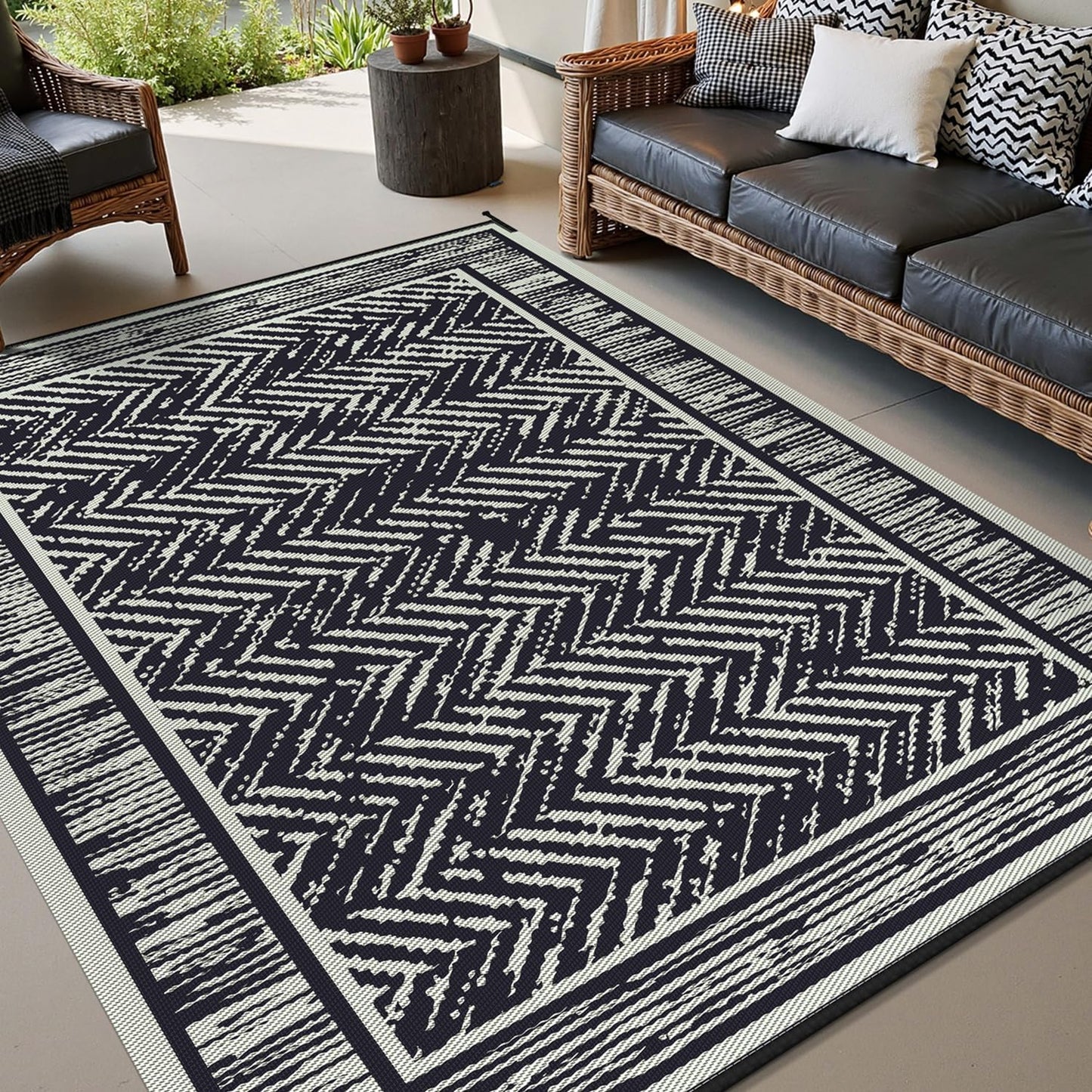 COCOER Outdoor Rug-8x10 Waterproof Patio Rug with LED Strip Lights-Reversible Outdoor Carpet Plastic Straw Outside Rug for RV Porch Balcony