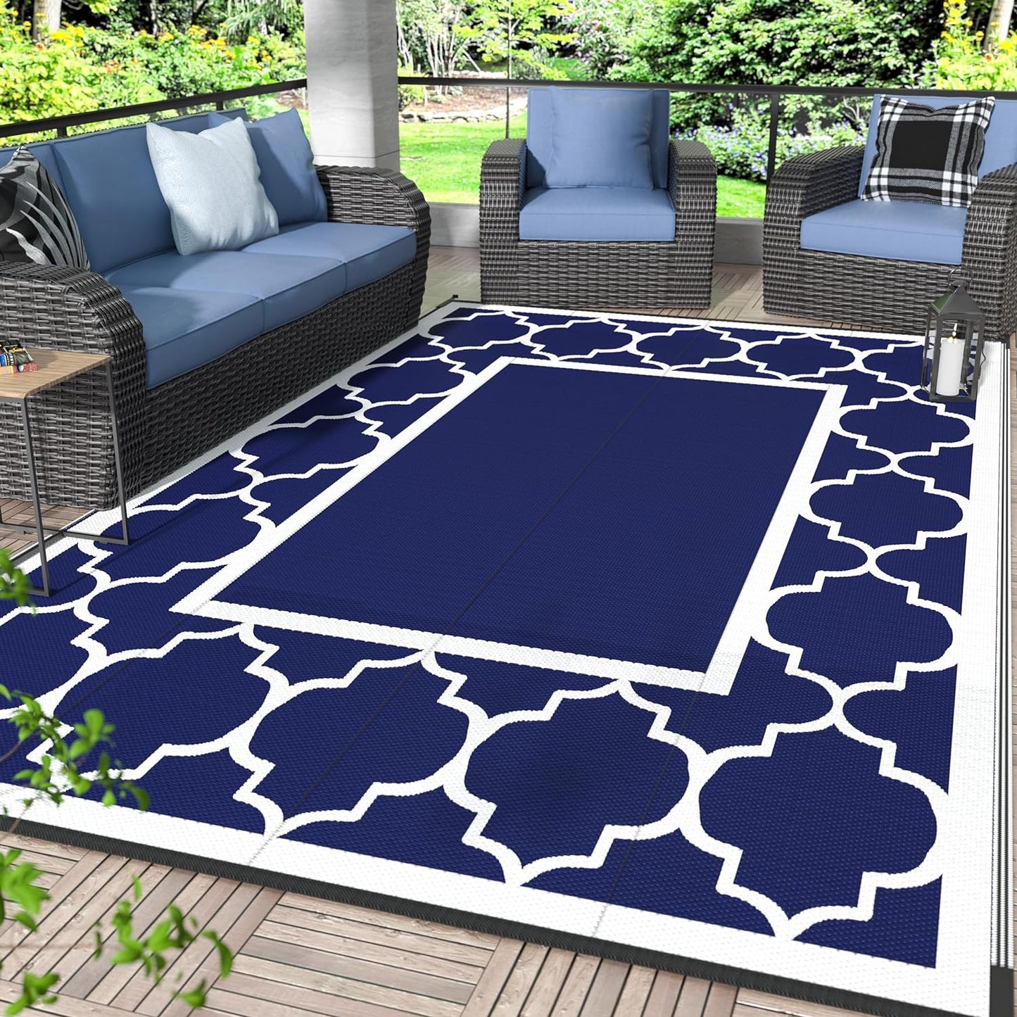 GENIMO 6' x 9' Outdoor Rug Waterproof for Patio Decor, Foldable Reversible Plastic Straw Area Rugs Mat with String Light, Led Carpet for Camper, Rv, Deck, Porch, Picnic, Beach, Balcony, Blue & White