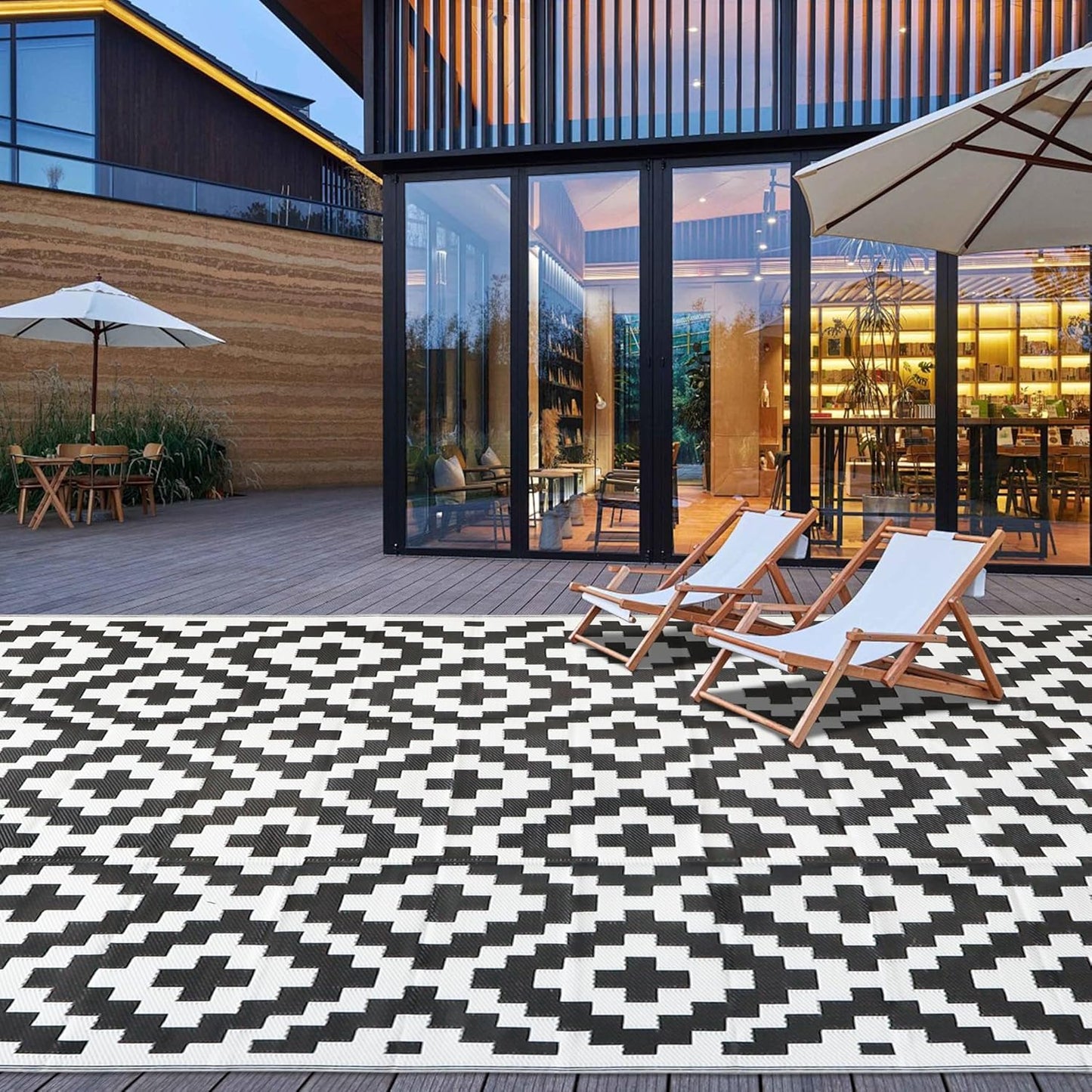 SAND MINE Reversible Mats with Led Strip Lights, Plastic Straw Rug, Modern Area Rug, Large Floor Mat for Outdoors, Patio, Backyard, Deck, Picnic, Camping, Black & Beige, 8' x 10'