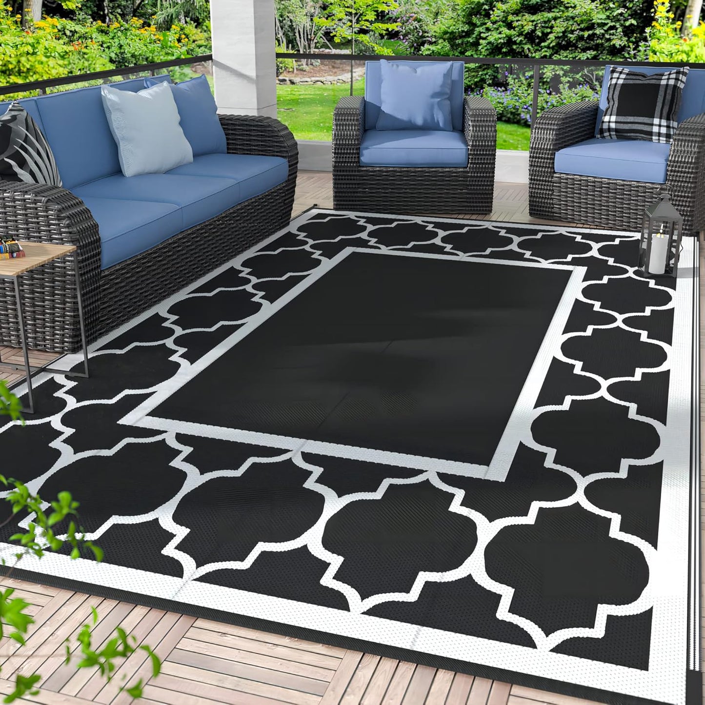 GENIMO 6' x 9' Outdoor Rug Waterproof for Patio Decor, Foldable Reversible Plastic Straw Area Rugs Mat with String Light, Led Carpet for Camper, Rv, Deck, Porch, Picnic, Beach, Balcony, Blue & White