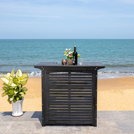 SAFAVIEH Outdoor Collection Monterey 42-inch Black Acacia Wood Slatted Bar Table