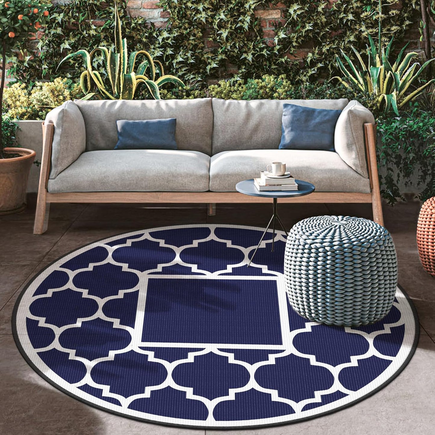 GENIMO 6' x 9' Outdoor Rug Waterproof for Patio Decor, Foldable Reversible Plastic Straw Area Rugs Mat with String Light, Led Carpet for Camper, Rv, Deck, Porch, Picnic, Beach, Balcony, Blue & White