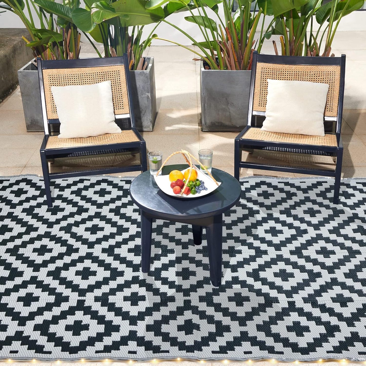 URBEST Outdoor Camping Mats Rugs Reversible Waterproof RV Deck Porch Plastic Rugs Led Illuminated Patio Mat Black-White 9x12 Feet