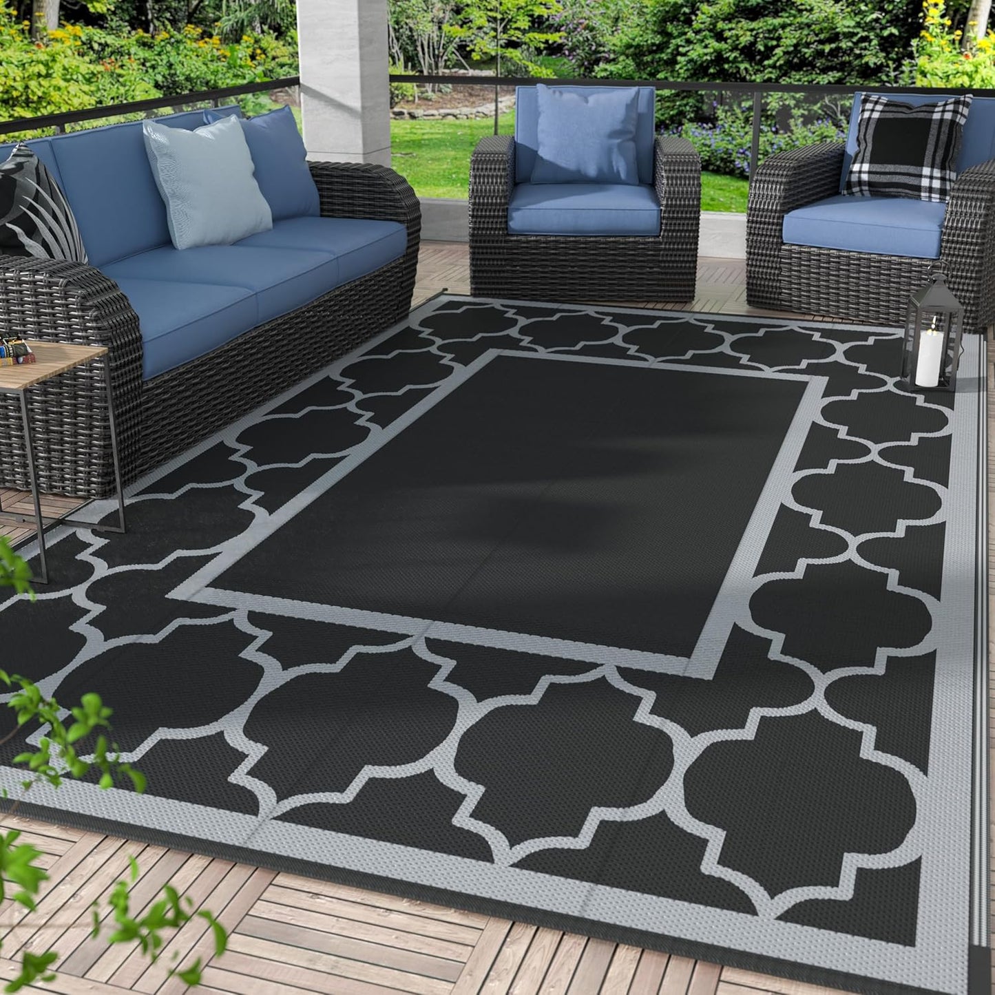 GENIMO 6' x 9' Outdoor Rug Waterproof for Patio Decor, Foldable Reversible Plastic Straw Area Rugs Mat with String Light, Led Carpet for Camper, Rv, Deck, Porch, Picnic, Beach, Balcony, Blue & White
