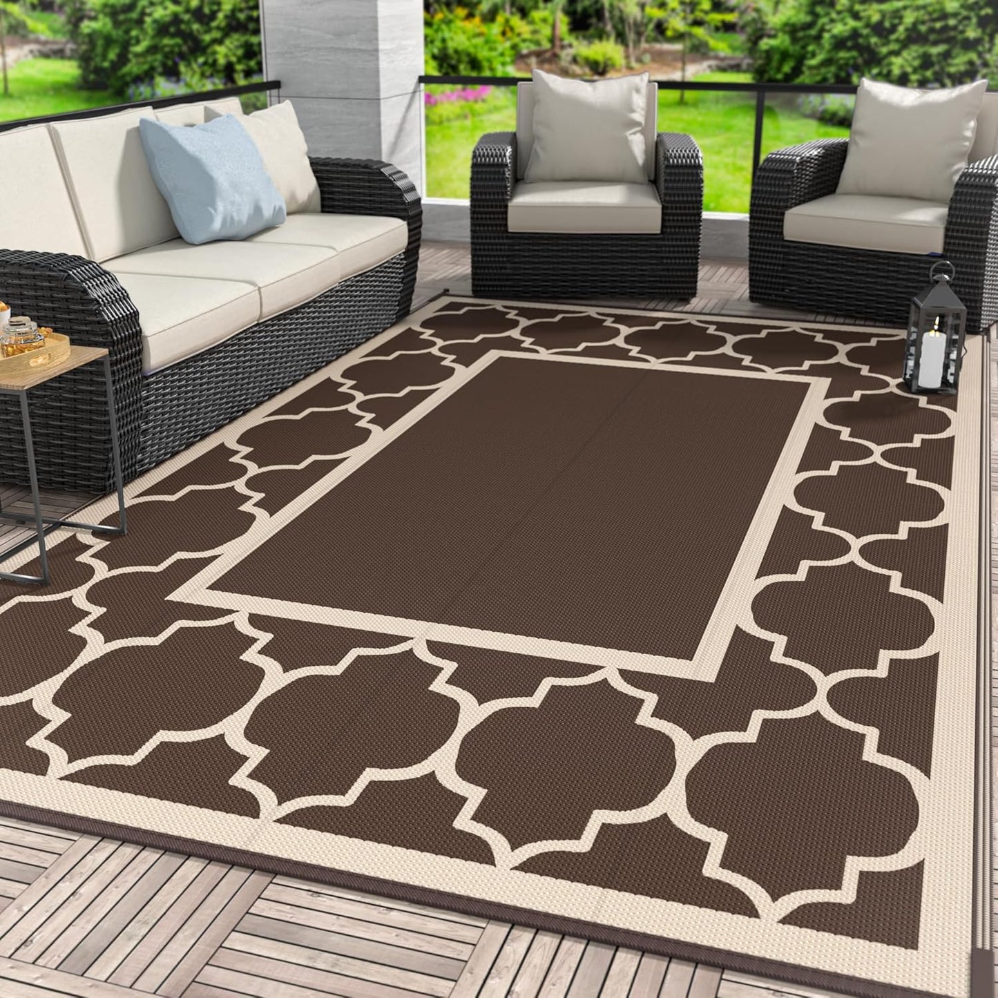 GENIMO 6' x 9' Outdoor Rug Waterproof for Patio Decor, Foldable Reversible Plastic Straw Area Rugs Mat with String Light, Led Carpet for Camper, Rv, Deck, Porch, Picnic, Beach, Balcony, Blue & White