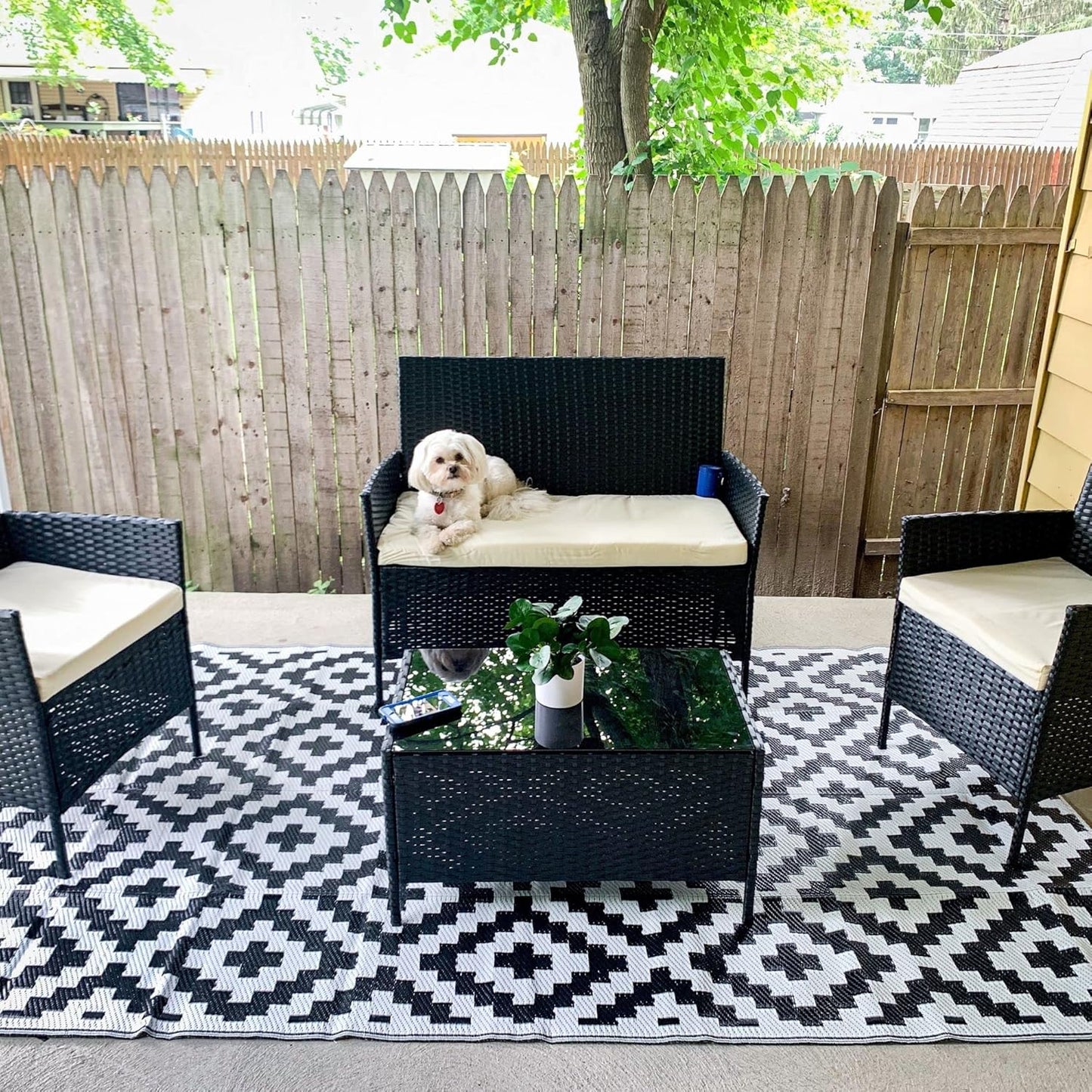 URBEST Outdoor Camping Mats Rugs Reversible Waterproof RV Deck Porch Plastic Rugs Led Illuminated Patio Mat Black-White 9x12 Feet