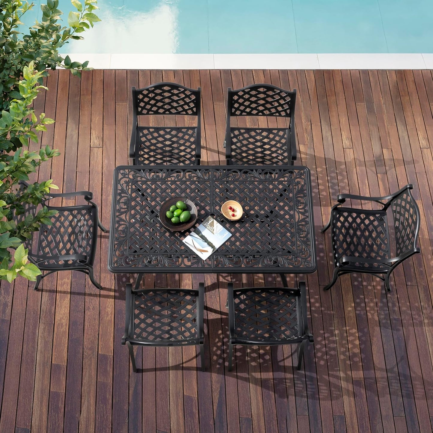 NUU GARDEN 60" Outdoor Dining Table with 2.09" Umbrella Hole, All Weather Cast Aluminum Outdoor Patio Table, 6-8 Person Rectangle Dining Table, Backyard Bistro Table for Garden, Poolside, Black