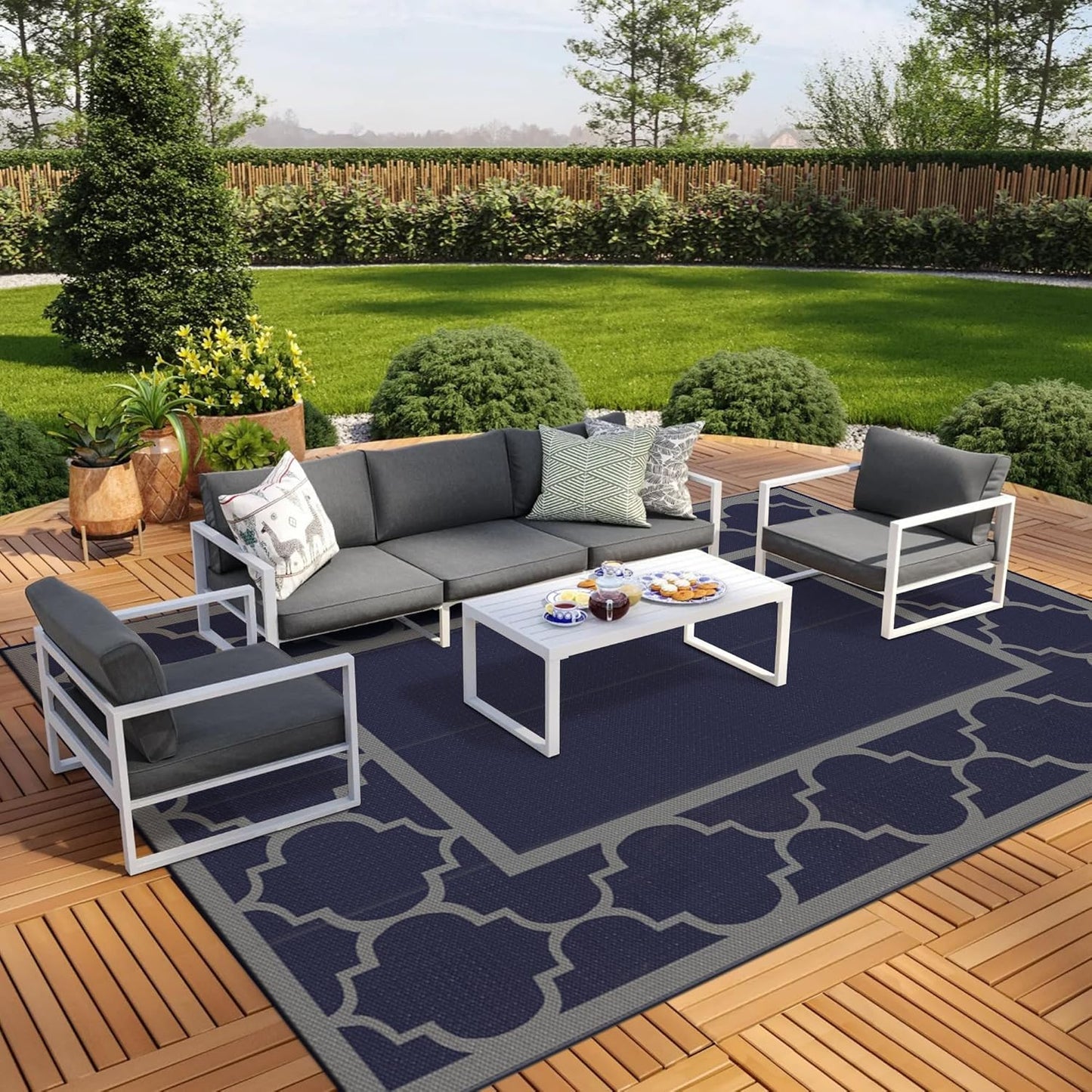GENIMO 6' x 9' Outdoor Rug Waterproof for Patio Decor, Foldable Reversible Plastic Straw Area Rugs Mat with String Light, Led Carpet for Camper, Rv, Deck, Porch, Picnic, Beach, Balcony, Blue & White