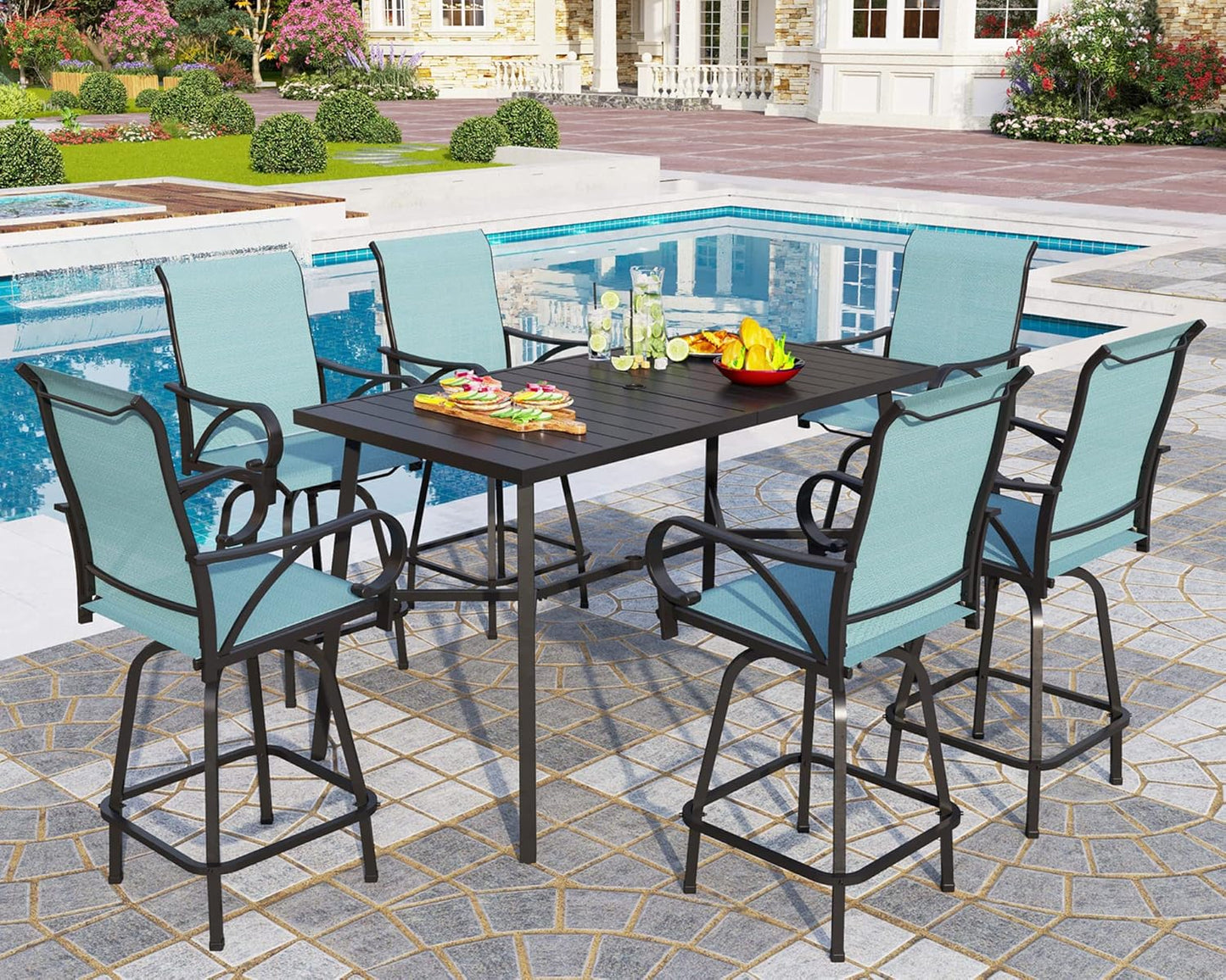 PHI VILLA Outdoor Patio Bar Dining Table for 6, 40" High Top Rectangle Metal Steel Table with 1.97" Umbrella Hole for Garden, Yard and Deck, Black