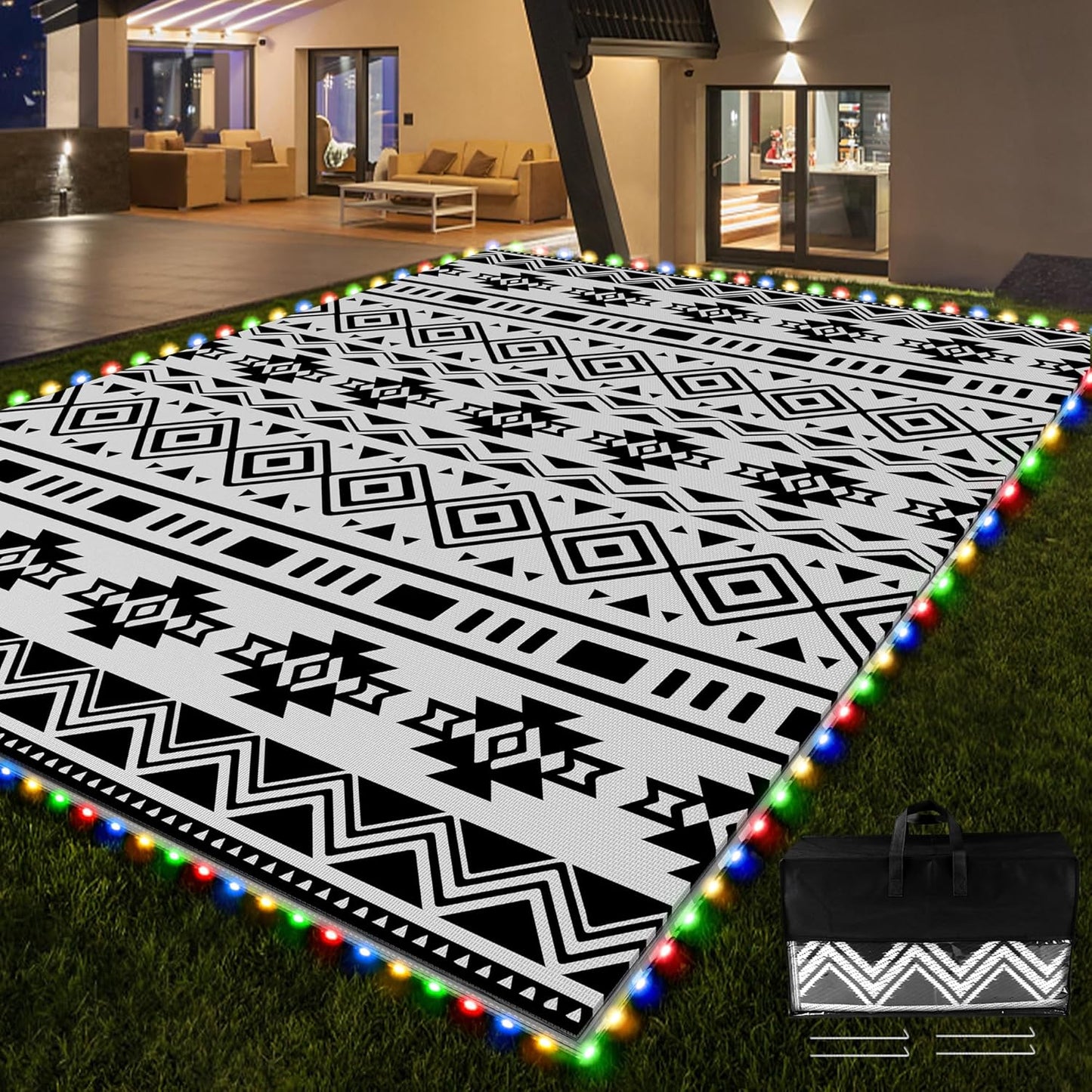 RV Outdoor Rug with Lights 8x10ft, Outdoor Camping Rug, Waterproof, Easy Cleaning, Non Shedding, Foldable and Portable, Reversible Mats for RV, Deck, Beach, Camping, Patio, Picnic (Brown & White)