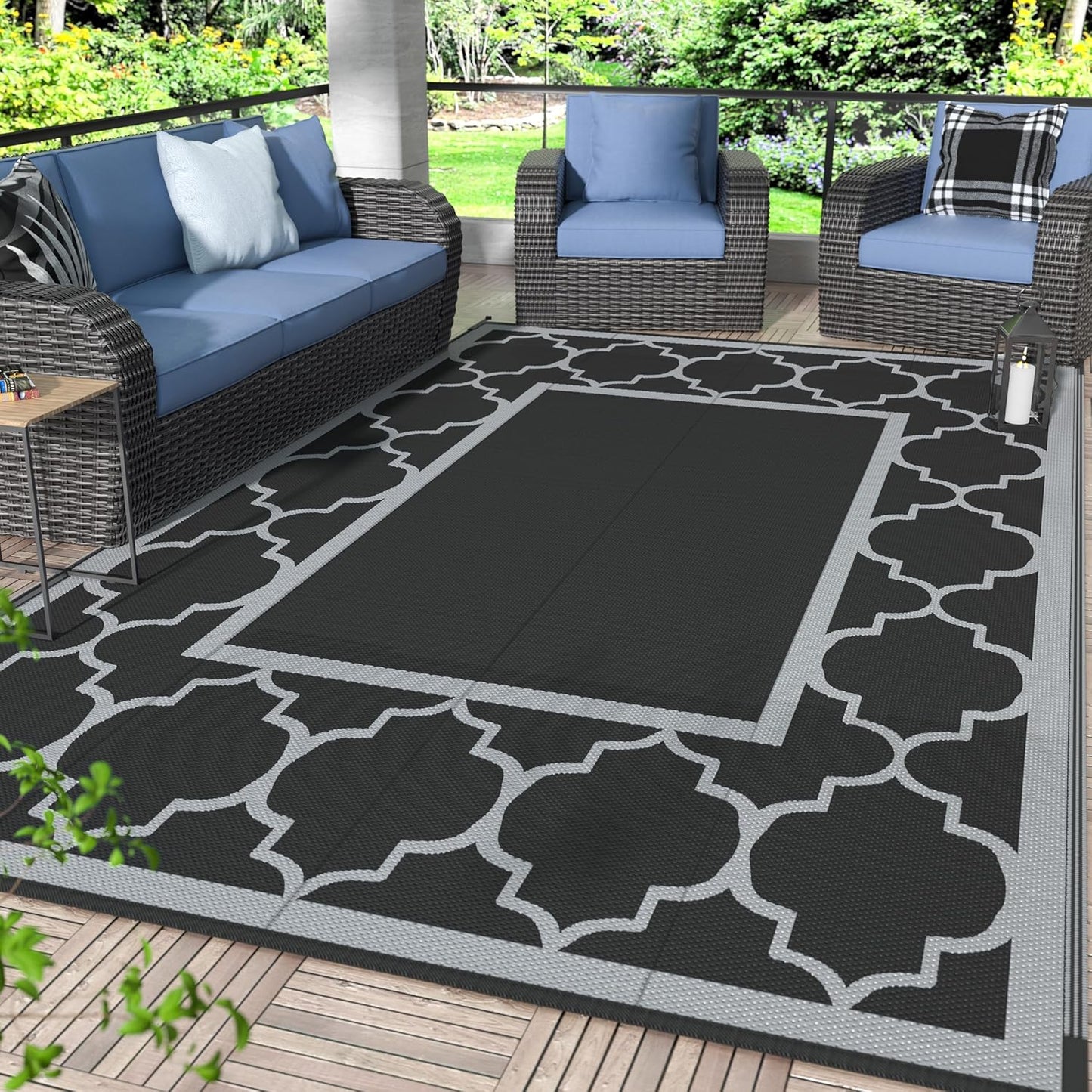 GENIMO 6' x 9' Outdoor Rug Waterproof for Patio Decor, Foldable Reversible Plastic Straw Area Rugs Mat with String Light, Led Carpet for Camper, Rv, Deck, Porch, Picnic, Beach, Balcony, Blue & White