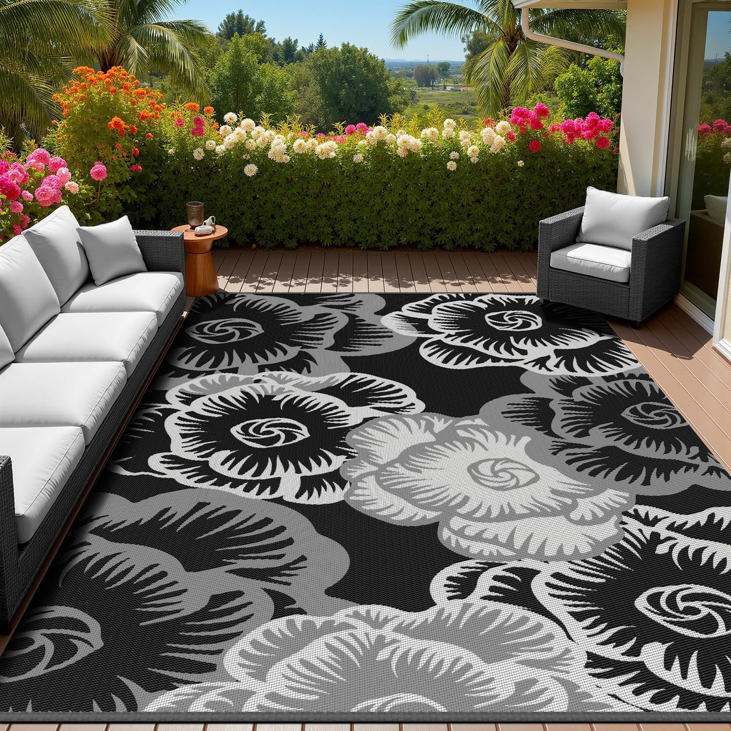 MontVoo Outdoor Rug with Led String Strip Lights 6x9ft Waterproof Outdoor Patio Rug Mat Reversible Plastic Straw Rug Outside Outdoor Rug for RV Camping Picnic Balcony Backyard Fairy Outdoor Decor