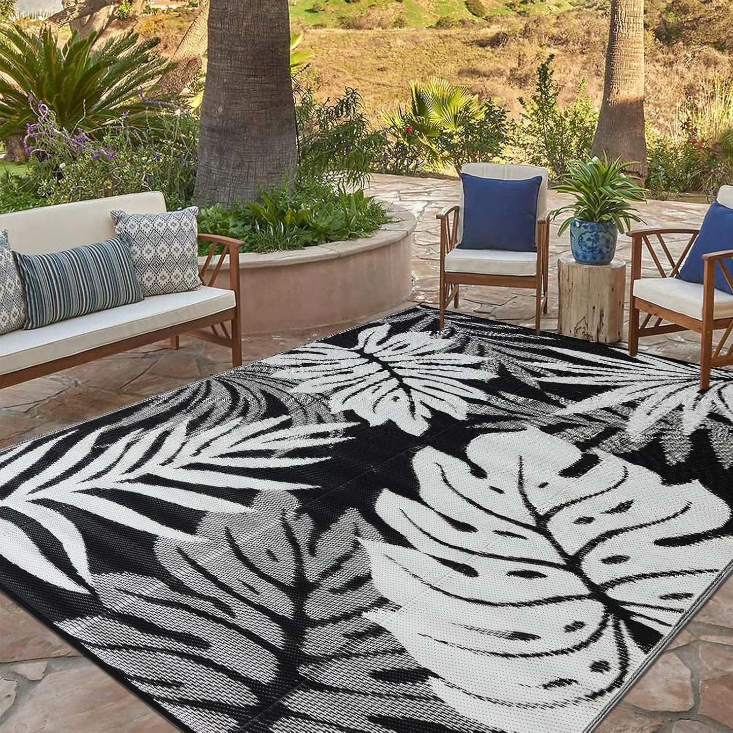 Outdoor Rug 8x10 ft with LED Light, Waterproof Reversible Outdoor Plastic Straw Rug for Patios Clearance, Large Outdoor Area Rug Carpet RV Mat for Camping Backyard Deck Porch Beach