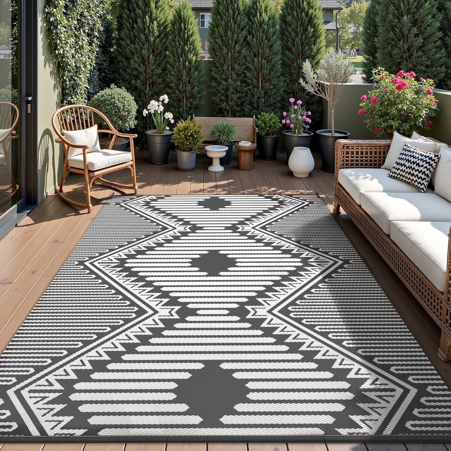 MontVoo Outdoor Rug with Led String Strip Lights 6x9 ft Waterproof Outdoor Patio Rug Mat Reversible Plastic Straw Rug Outside Outdoor Rug for RV Camping Picnic Balcony Fairy Boho Outdoor Decor