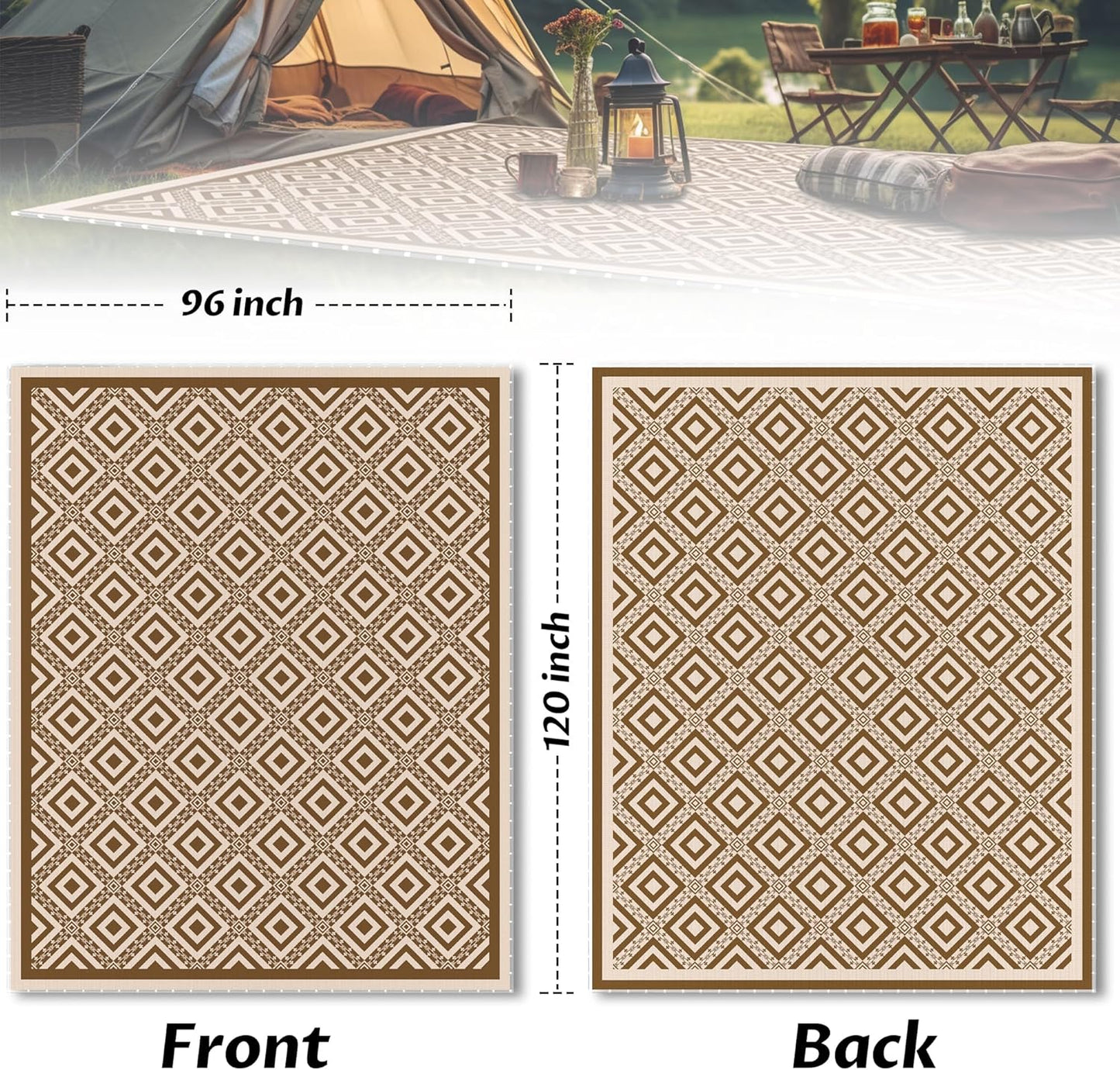 RV Outdoor Rug with Lights 8x10ft, Outdoor Camping Rug, Waterproof, Easy Cleaning, Non Shedding, Foldable and Portable, Reversible Mats for RV, Deck, Beach, Camping, Patio, Picnic (Brown & White)