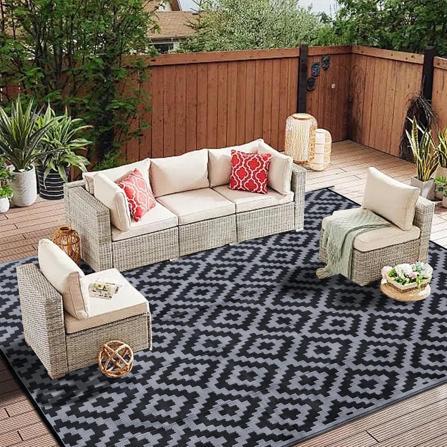 SAND MINE Reversible Mats with Led Strip Lights, Plastic Straw Rug, Modern Area Rug, Large Floor Mat for Outdoors, Patio, Backyard, Deck, Picnic, Camping, Black & Beige, 8' x 10'