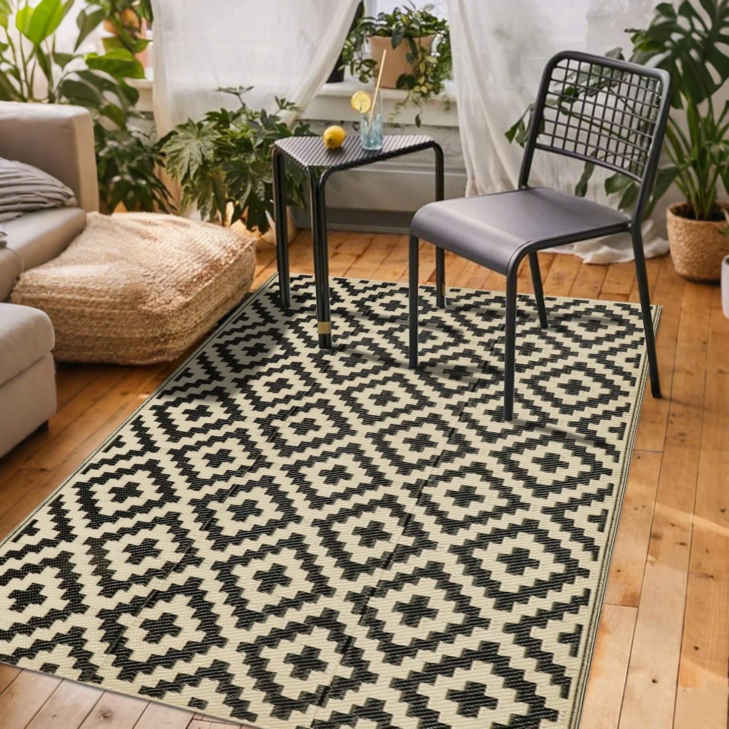 SAND MINE Reversible Mats with Led Strip Lights, Plastic Straw Rug, Modern Area Rug, Large Floor Mat for Outdoors, Patio, Backyard, Deck, Picnic, Camping, Black & Beige, 8' x 10'