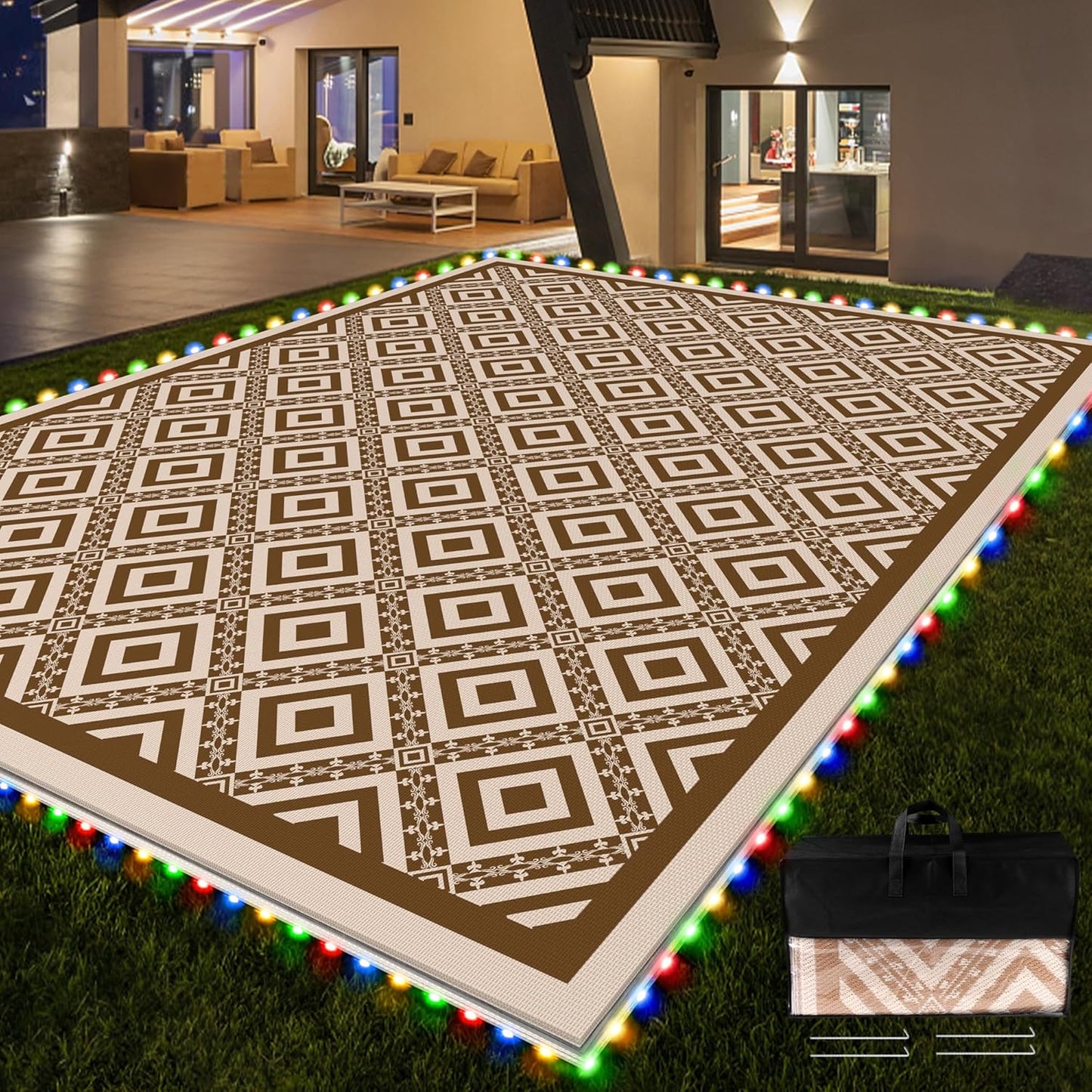 RV Outdoor Rug with Lights 8x10ft, Outdoor Camping Rug, Waterproof, Easy Cleaning, Non Shedding, Foldable and Portable, Reversible Mats for RV, Deck, Beach, Camping, Patio, Picnic (Brown & White)