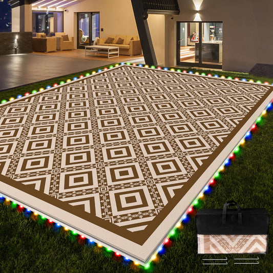 RV Outdoor Rug with Lights 8x10ft, Outdoor Camping Rug, Waterproof, Easy Cleaning, Non Shedding, Foldable and Portable, Reversible Mats for RV, Deck, Beach, Camping, Patio, Picnic (Brown & White)