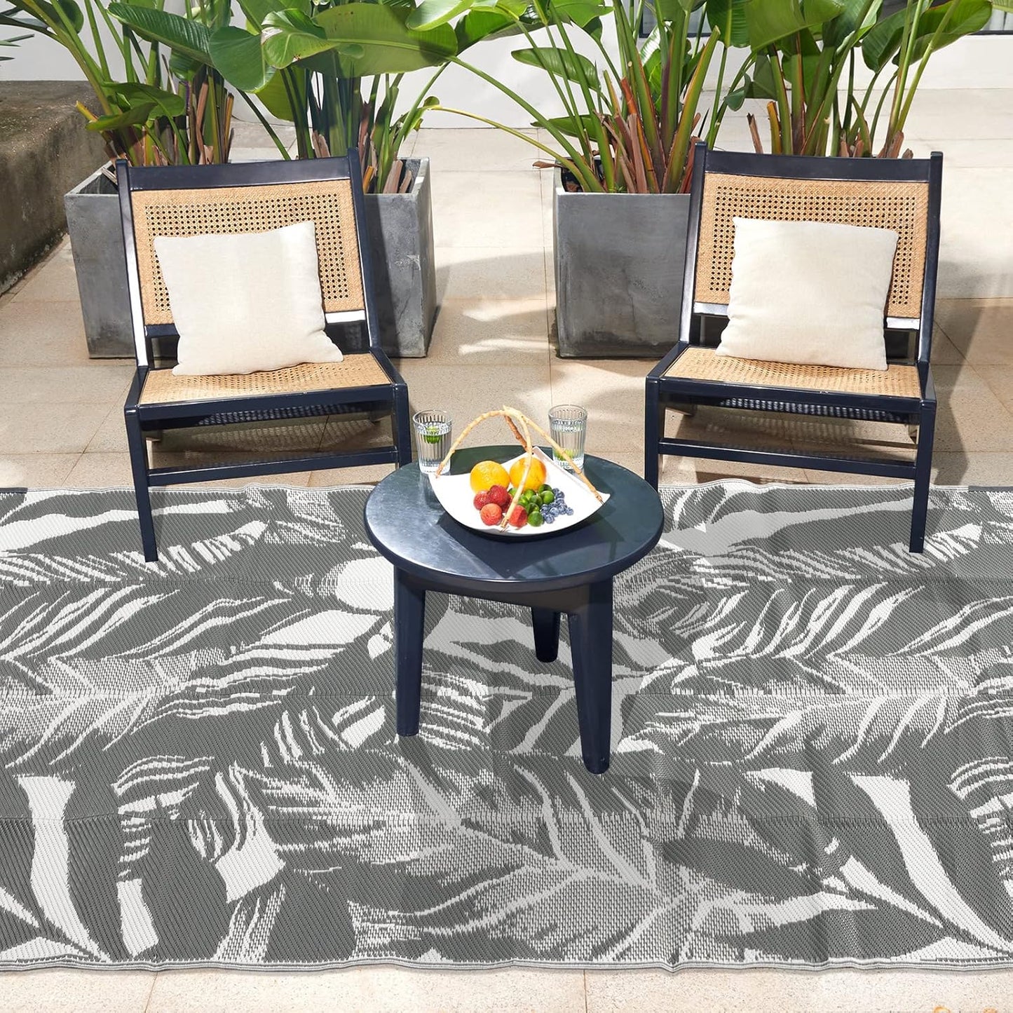 URBEST Outdoor Camping Mats Rugs Reversible Waterproof RV Deck Porch Plastic Rugs Led Illuminated Patio Mat Black-White 9x12 Feet
