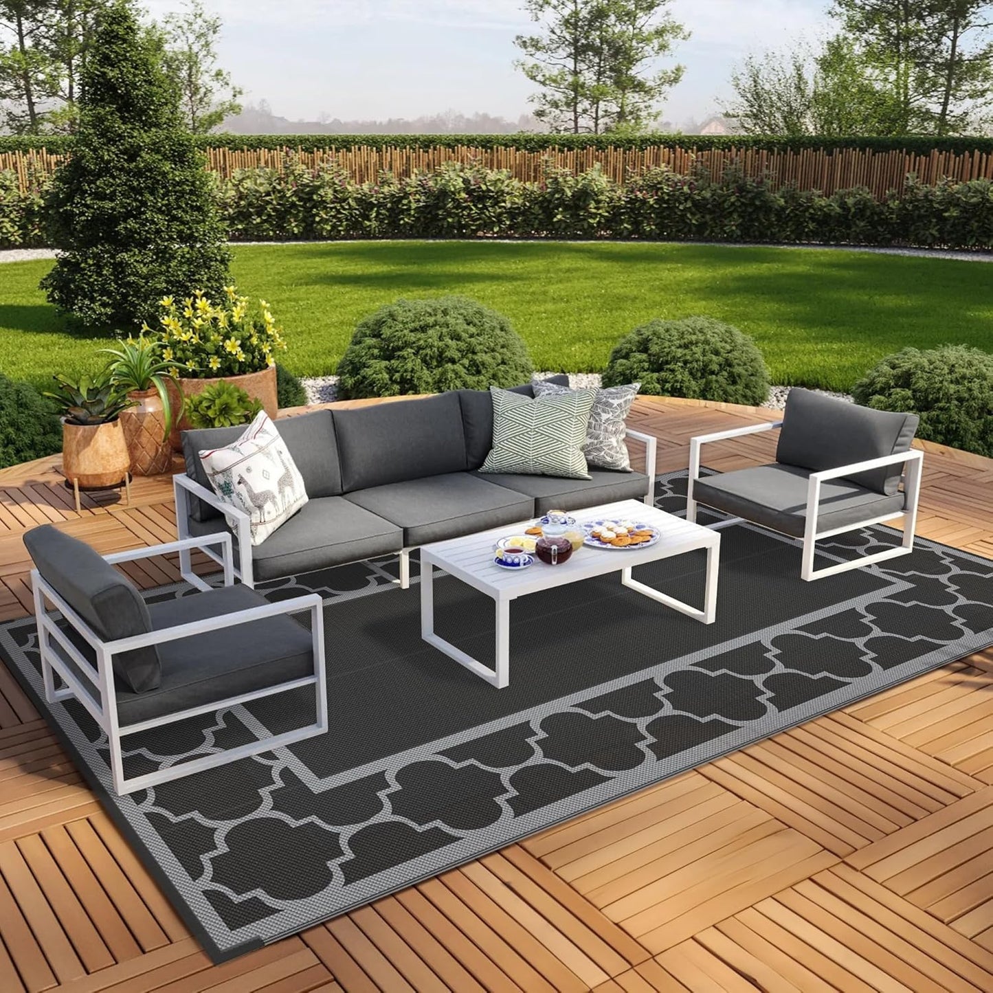 GENIMO 6' x 9' Outdoor Rug Waterproof for Patio Decor, Foldable Reversible Plastic Straw Area Rugs Mat with String Light, Led Carpet for Camper, Rv, Deck, Porch, Picnic, Beach, Balcony, Blue & White