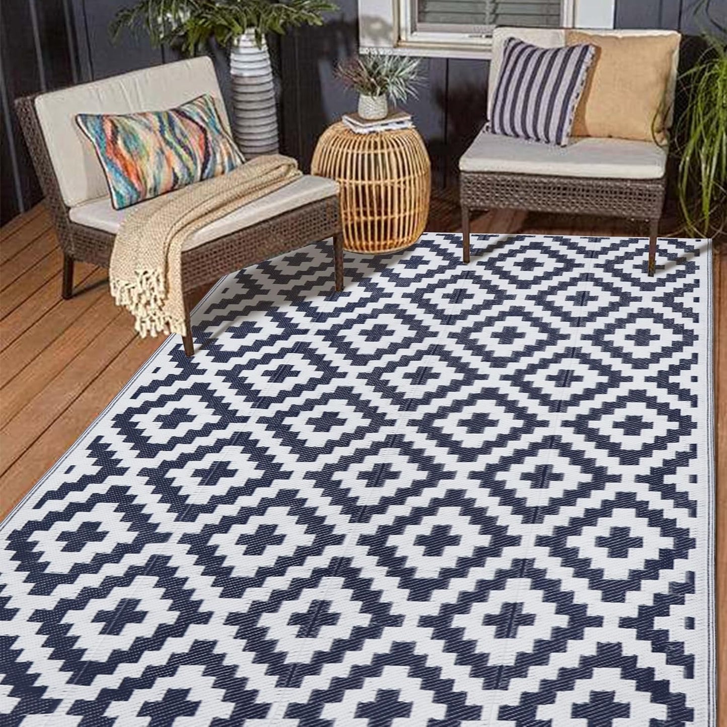 SAND MINE Reversible Mats with Led Strip Lights, Plastic Straw Rug, Modern Area Rug, Large Floor Mat for Outdoors, Patio, Backyard, Deck, Picnic, Camping, Black & Beige, 8' x 10'