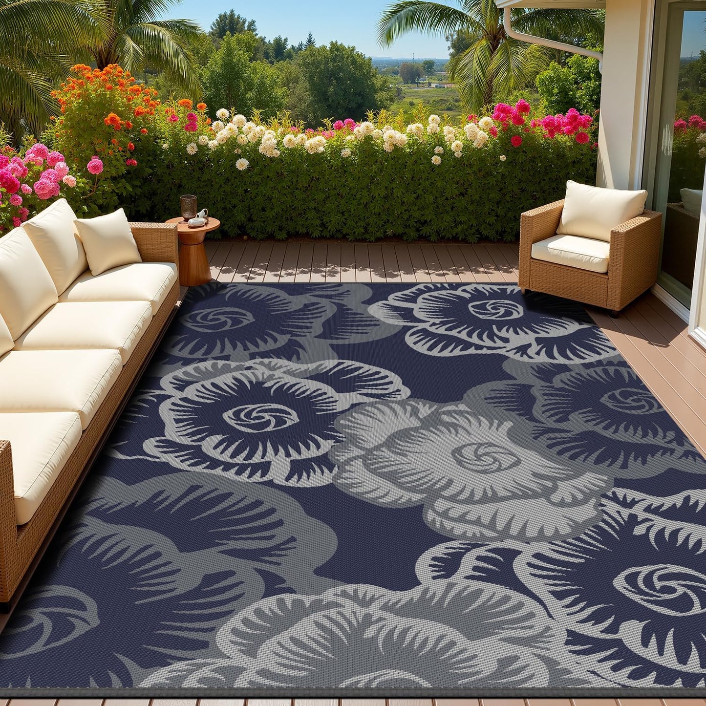 MontVoo Outdoor Rug with Led String Strip Lights 6x9ft Waterproof Outdoor Patio Rug Mat Reversible Plastic Straw Rug Outside Outdoor Rug for RV Camping Picnic Balcony Backyard Fairy Outdoor Decor