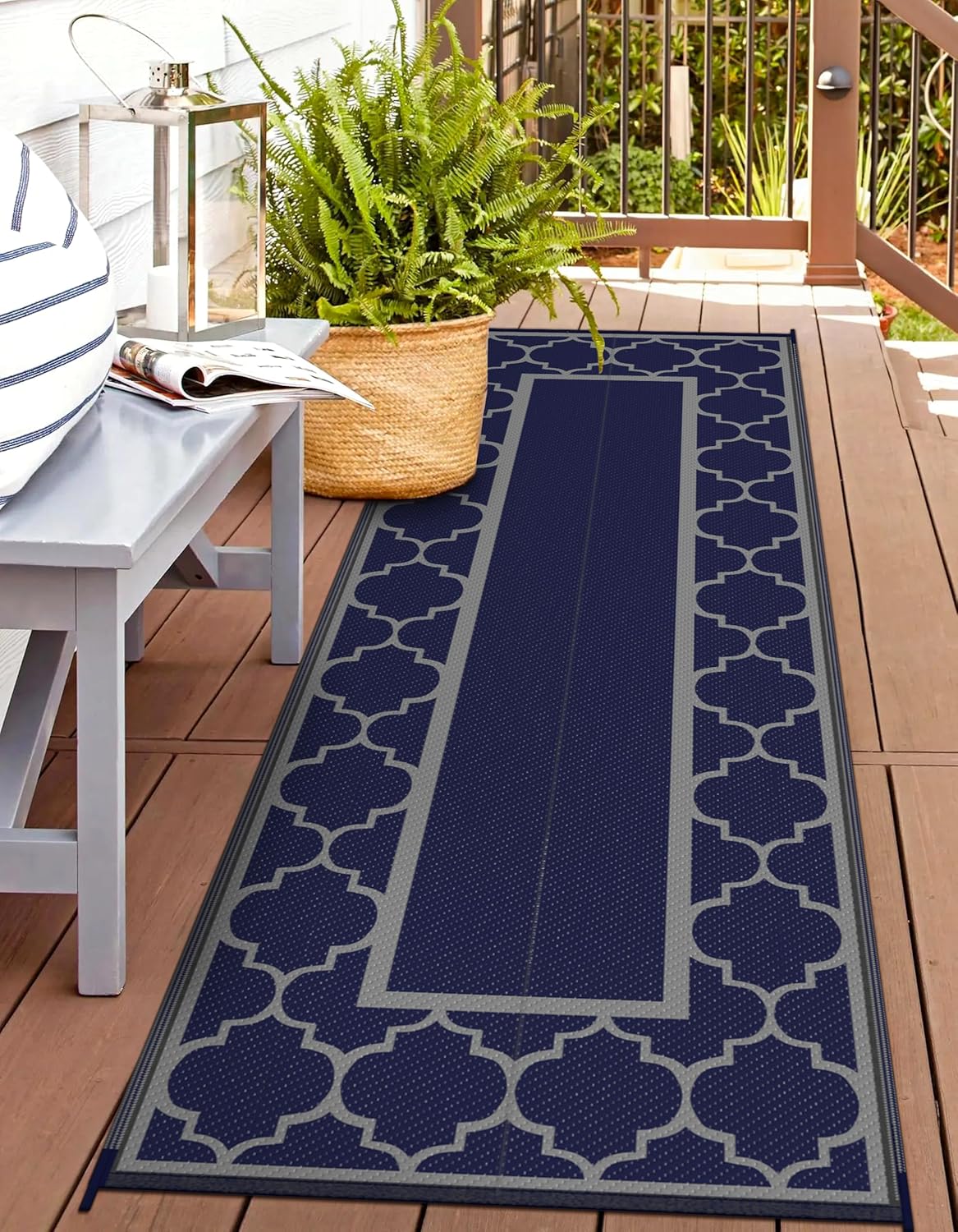 GENIMO 6' x 9' Outdoor Rug Waterproof for Patio Decor, Foldable Reversible Plastic Straw Area Rugs Mat with String Light, Led Carpet for Camper, Rv, Deck, Porch, Picnic, Beach, Balcony, Blue & White