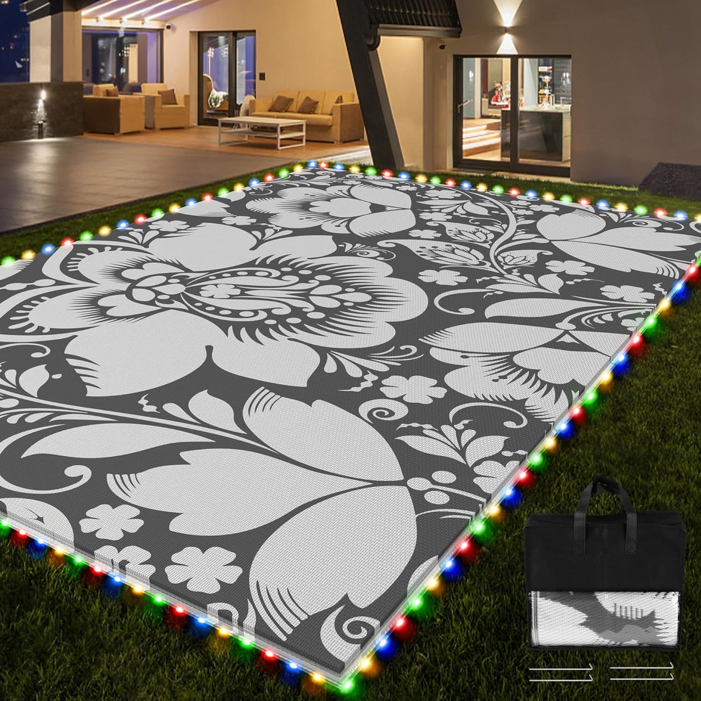 RV Outdoor Rug with Lights 8x10ft, Outdoor Camping Rug, Waterproof, Easy Cleaning, Non Shedding, Foldable and Portable, Reversible Mats for RV, Deck, Beach, Camping, Patio, Picnic (Brown & White)