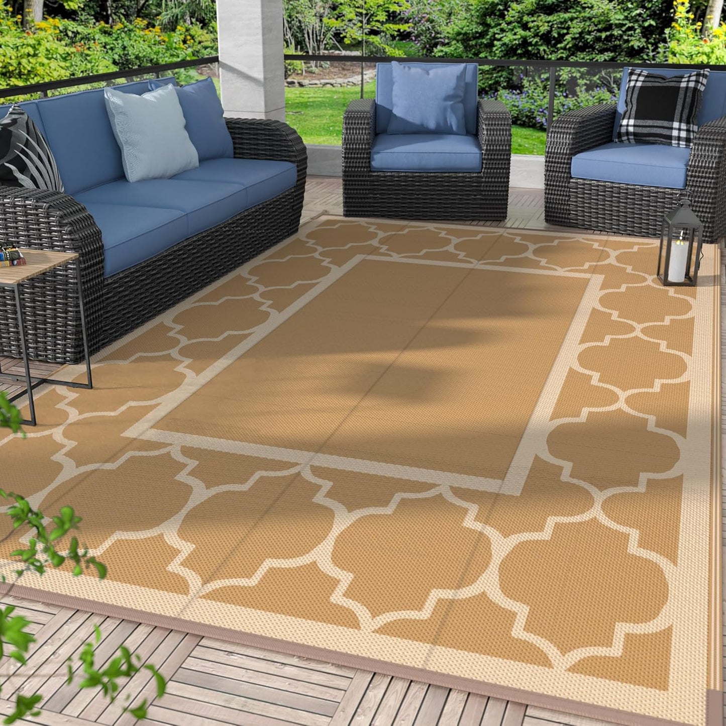 GENIMO 6' x 9' Outdoor Rug Waterproof for Patio Decor, Foldable Reversible Plastic Straw Area Rugs Mat with String Light, Led Carpet for Camper, Rv, Deck, Porch, Picnic, Beach, Balcony, Blue & White