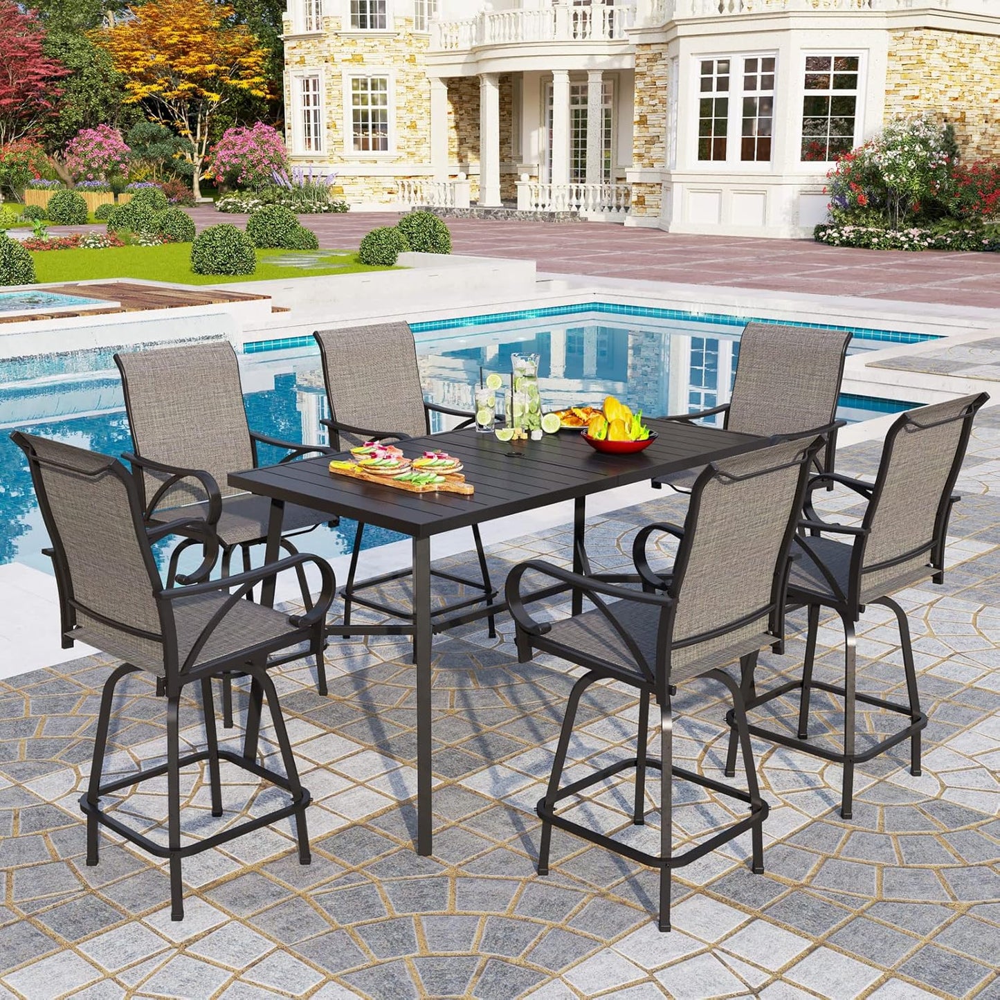 PHI VILLA Outdoor Patio Bar Dining Table for 6, 40" High Top Rectangle Metal Steel Table with 1.97" Umbrella Hole for Garden, Yard and Deck, Black