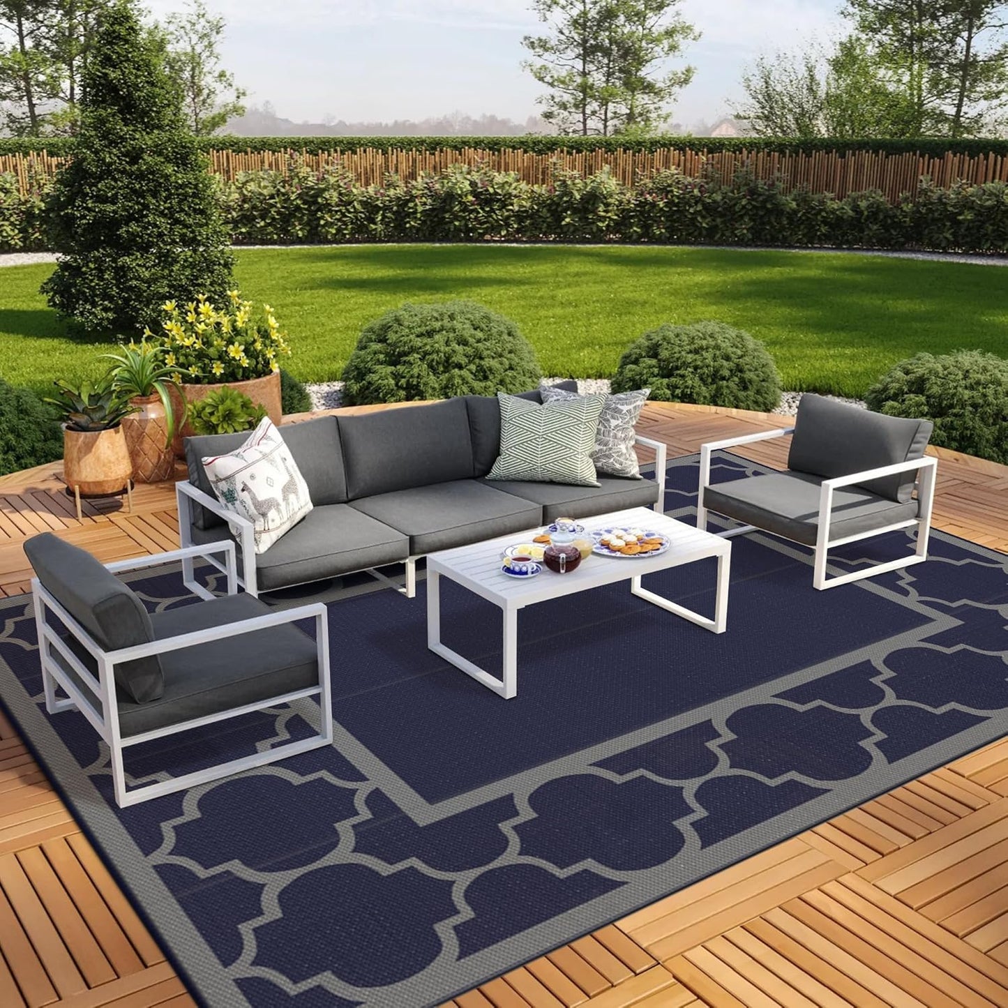 GENIMO 6' x 9' Outdoor Rug Waterproof for Patio Decor, Foldable Reversible Plastic Straw Area Rugs Mat with String Light, Led Carpet for Camper, Rv, Deck, Porch, Picnic, Beach, Balcony, Blue & White
